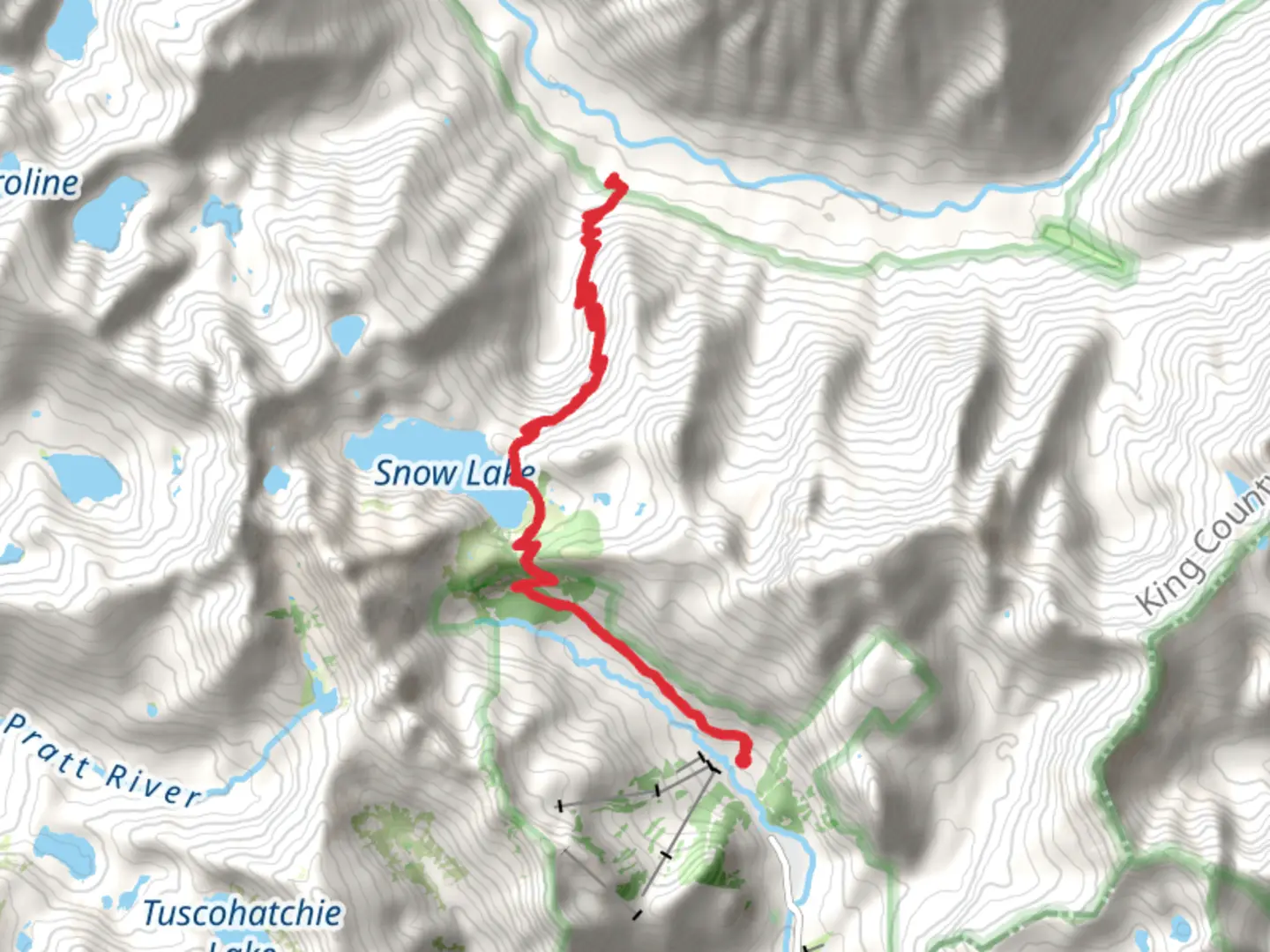 An image depicting the trail Snow Lake Trail and Rock Creek Trail and its surrounding area.