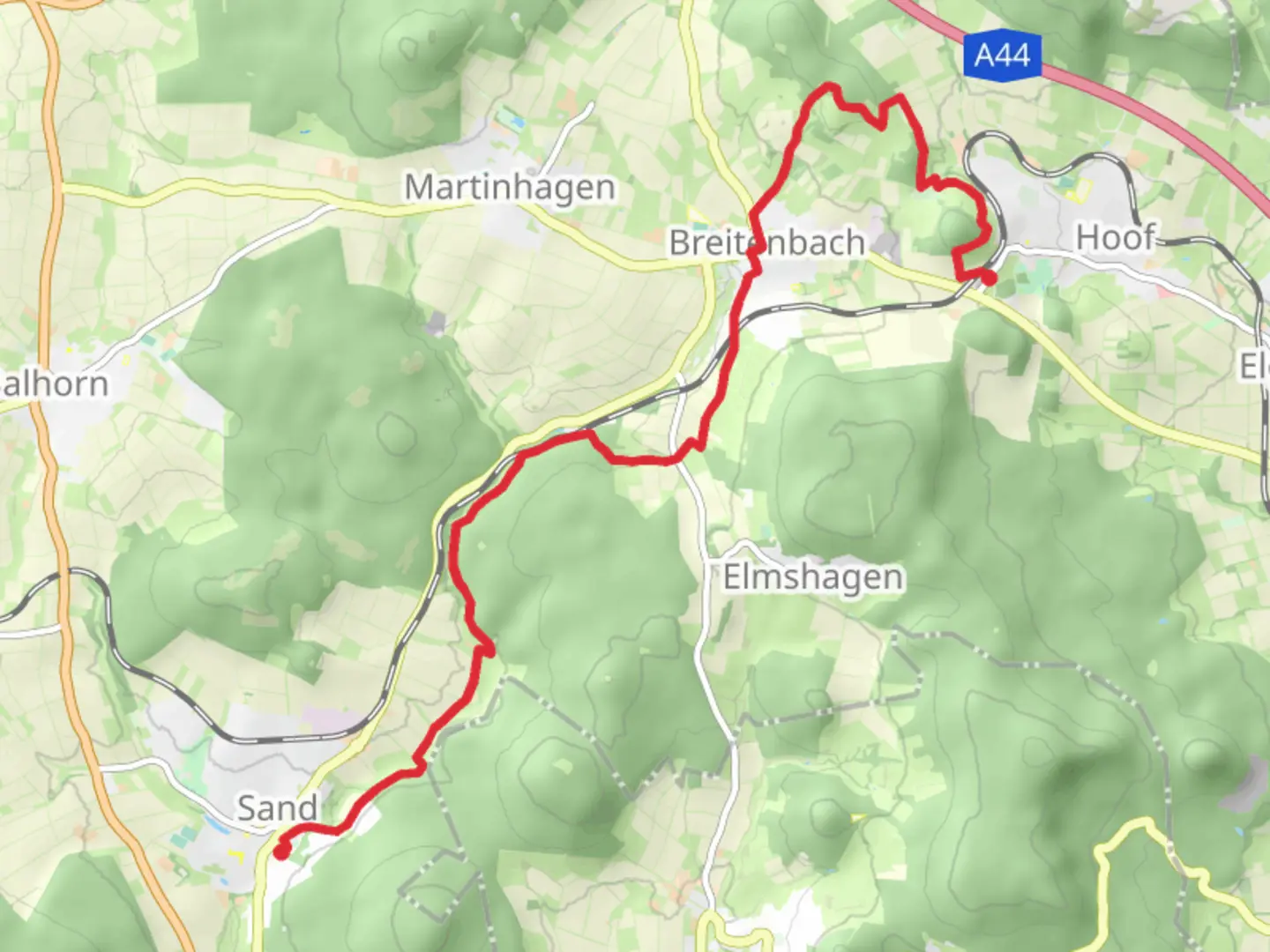An image depicting the trail Schauenburg-Hoof to Sand via Schauenburg and its surrounding area.