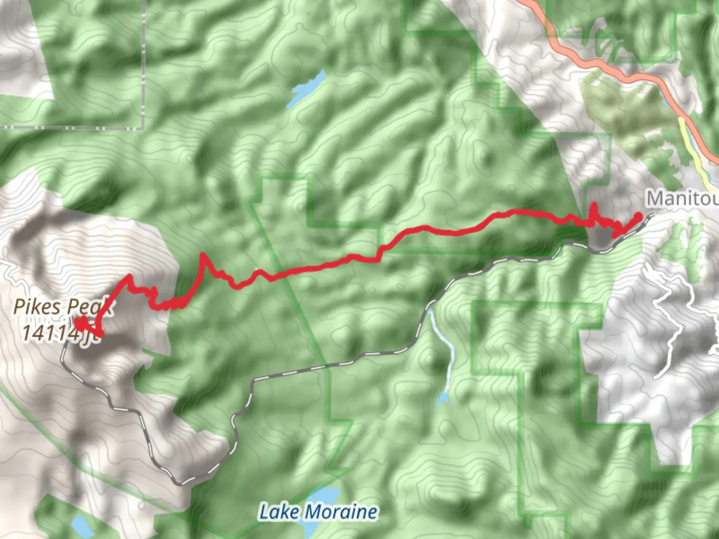 An image depicting the trail Pikes Peak via Barr Trail and its surrounding area.