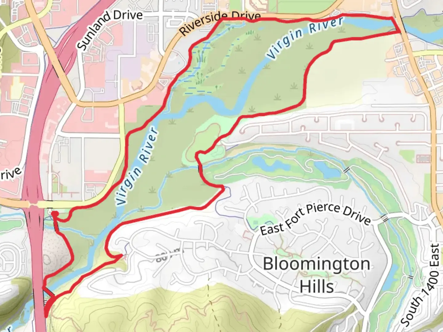An image depicting the trail Virgin River Trail, Fort Pearce Trail and Webb Hill Trail and its surrounding area.