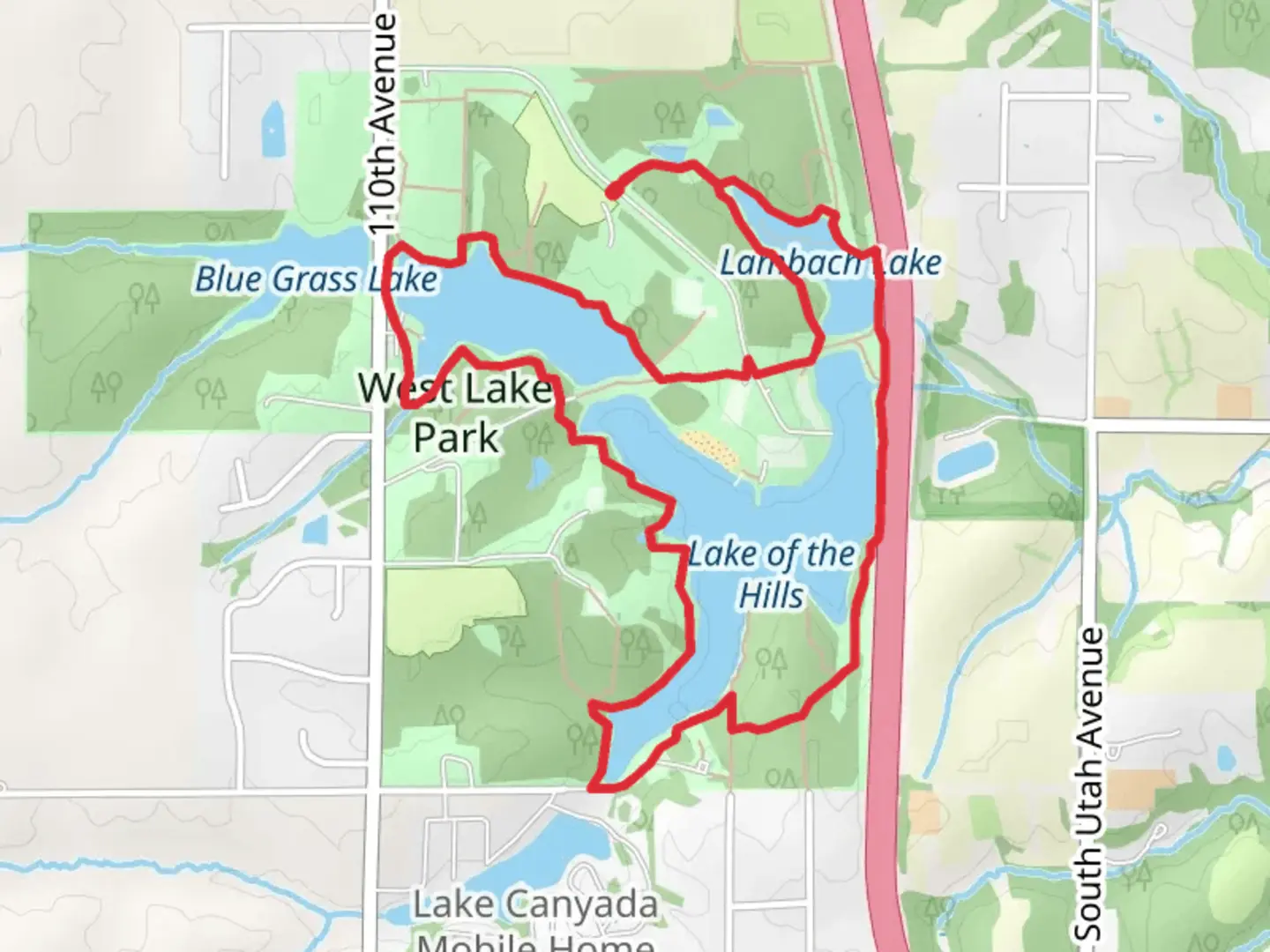 An image depicting the trail Lambach Lake, Railroad Lake and Lake of the Hills Loop and its surrounding area.