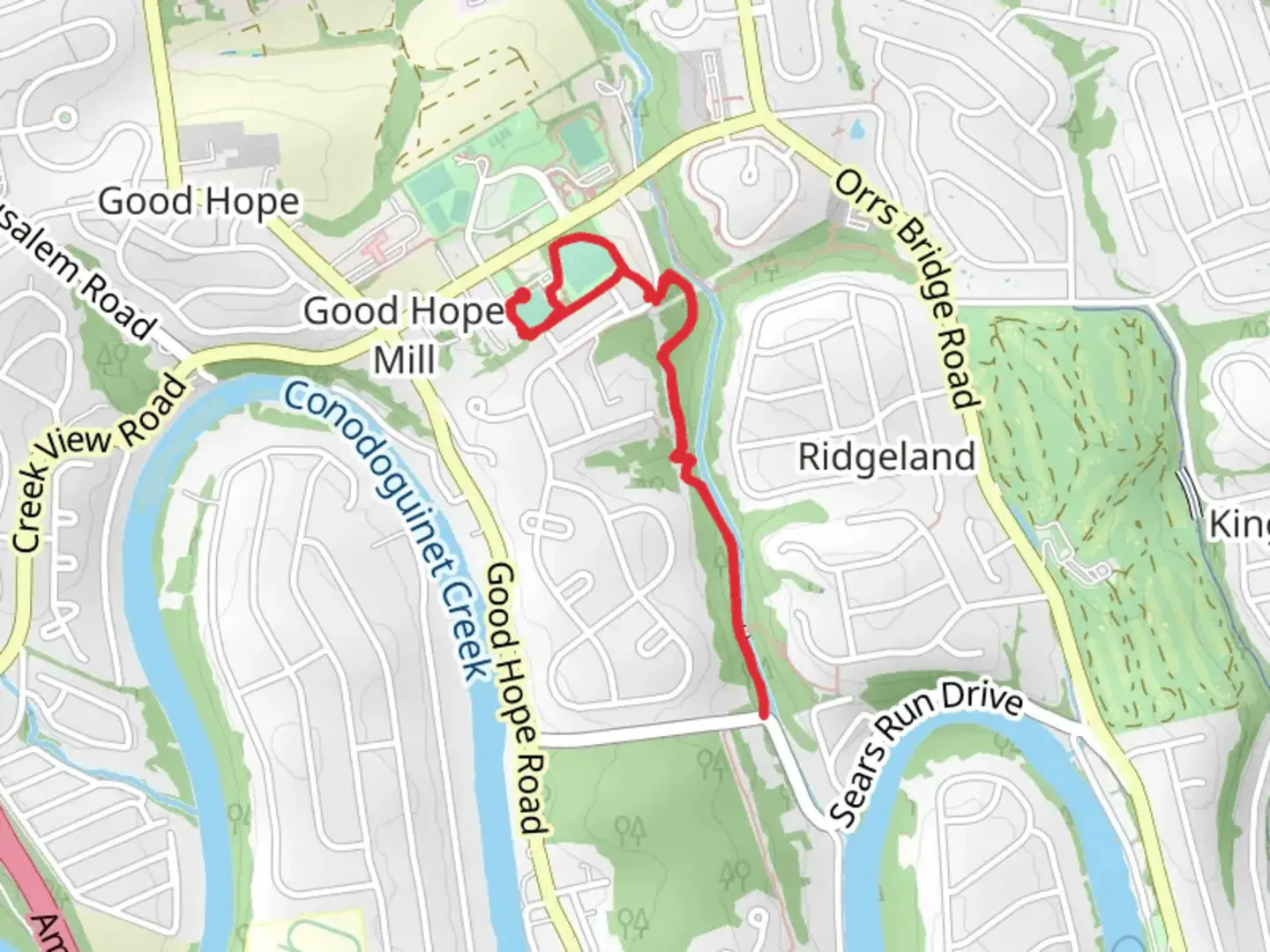 An image depicting the trail Sears Run and its surrounding area.