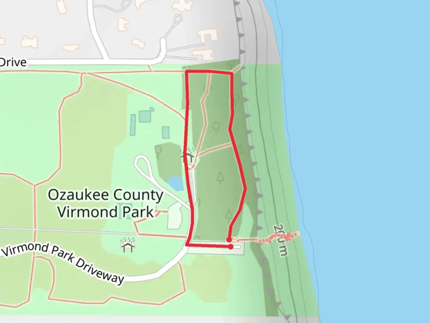 An image depicting the trail Ozaukee County Virmond Park Loop and its surrounding area.