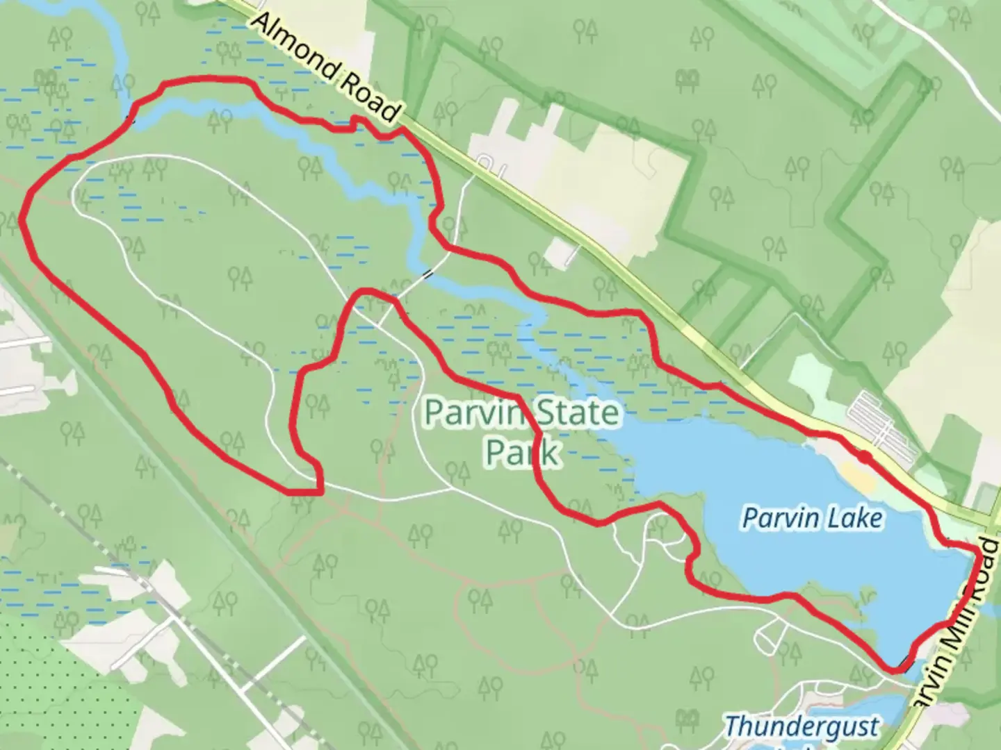 An image depicting the trail Parvin Lake Loop and its surrounding area.