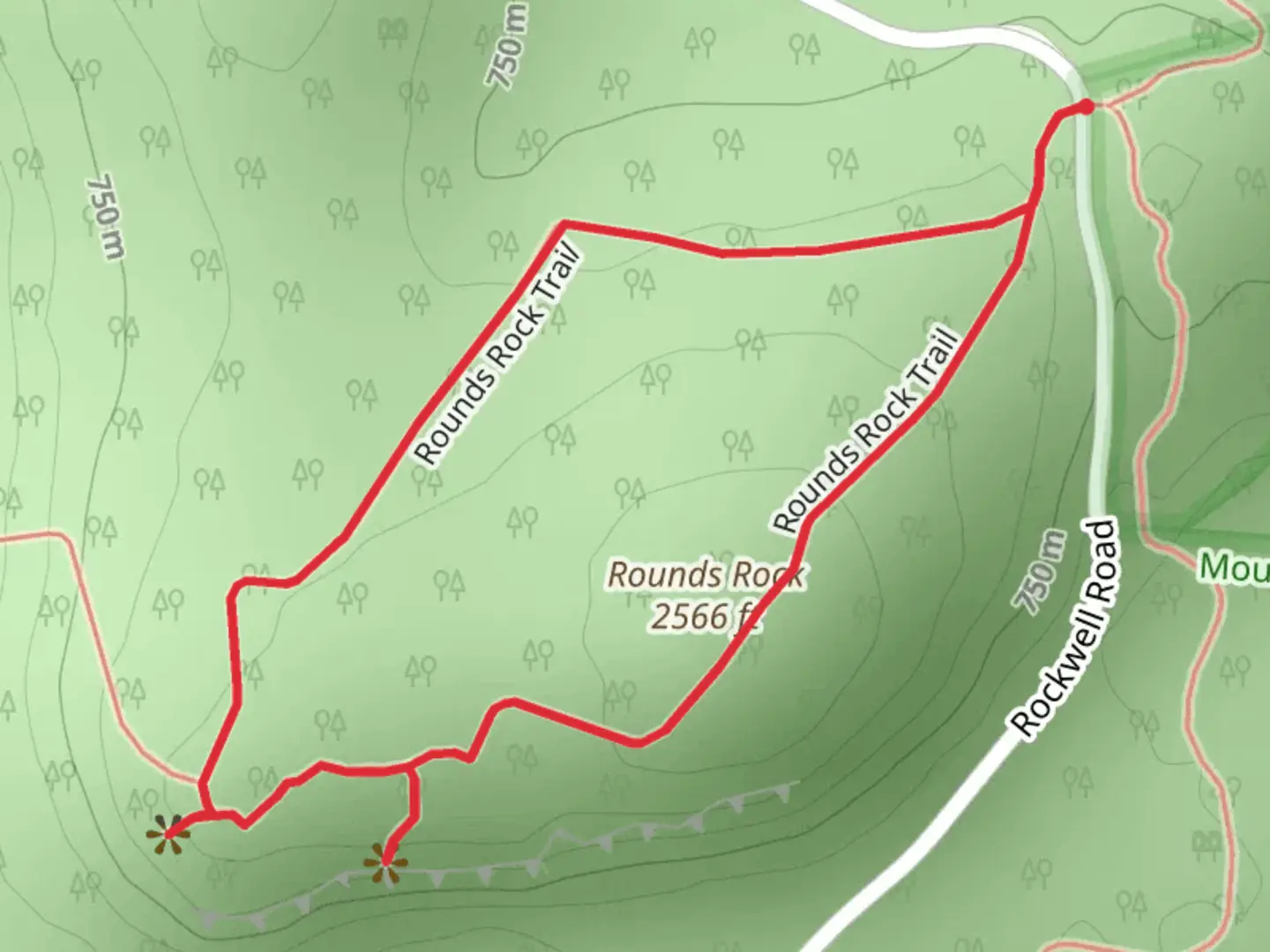 An image depicting the trail Rounds Rock via Rounds Rock Trail and its surrounding area.