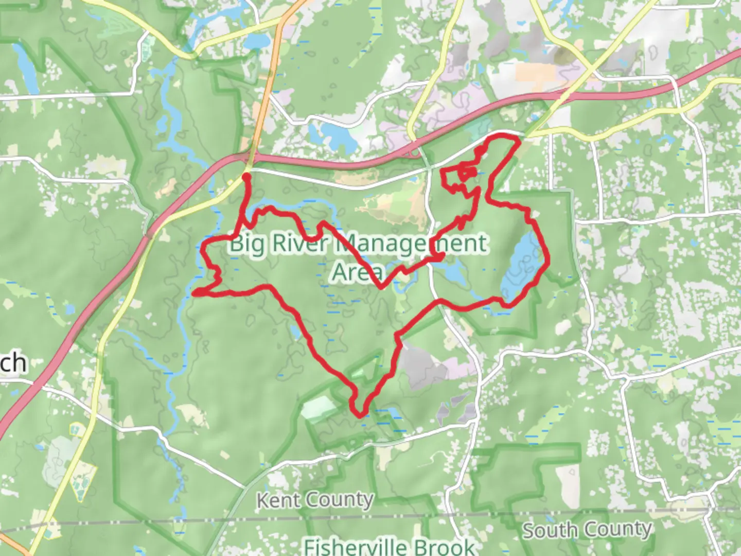 An image depicting the trail Carr's Pond via Sawmill Trail and Upper Piney Loop and its surrounding area.