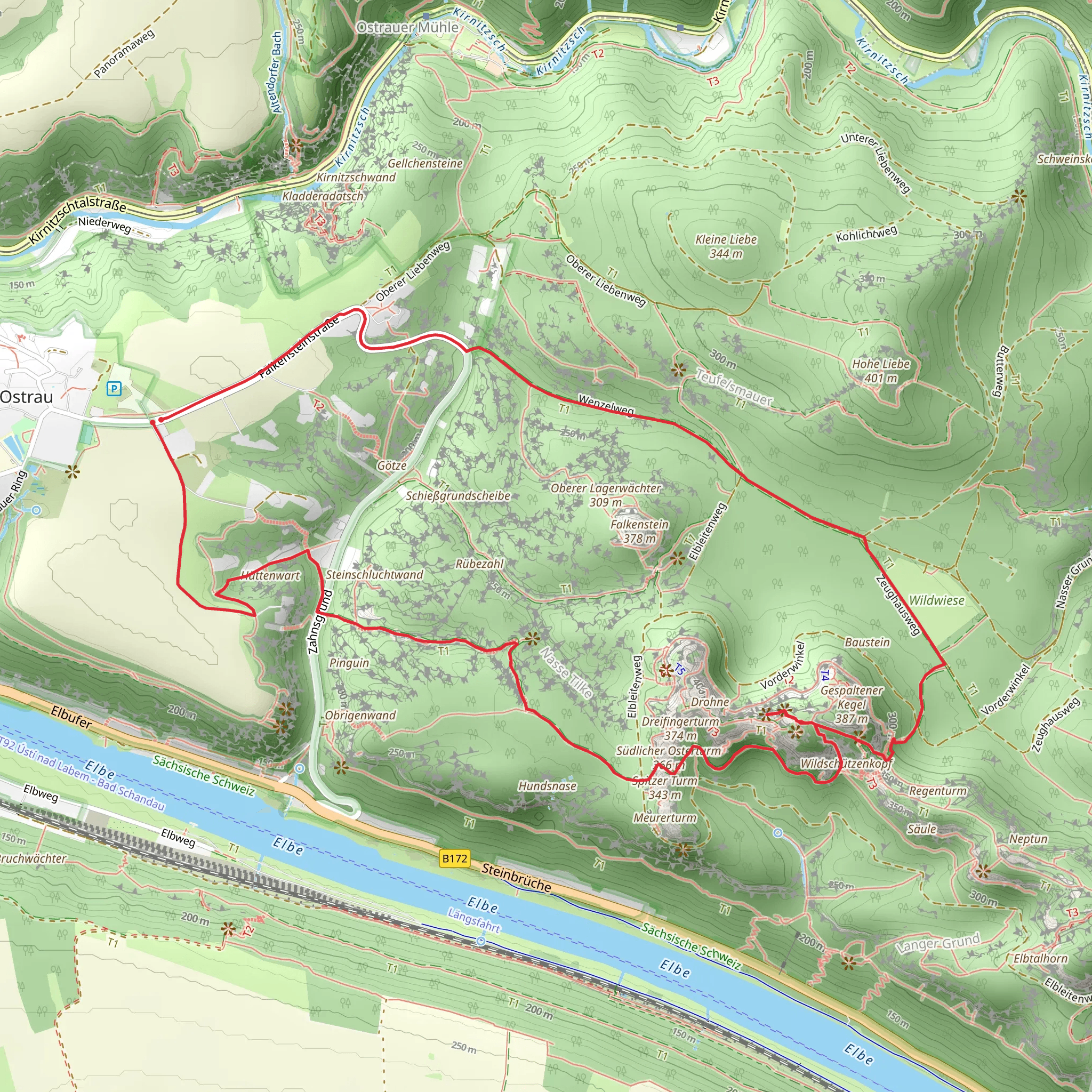 Hüttenwart, Südlicher Osterturm, Schrammsteinaussicht Loop via Lattengrund mobile static map