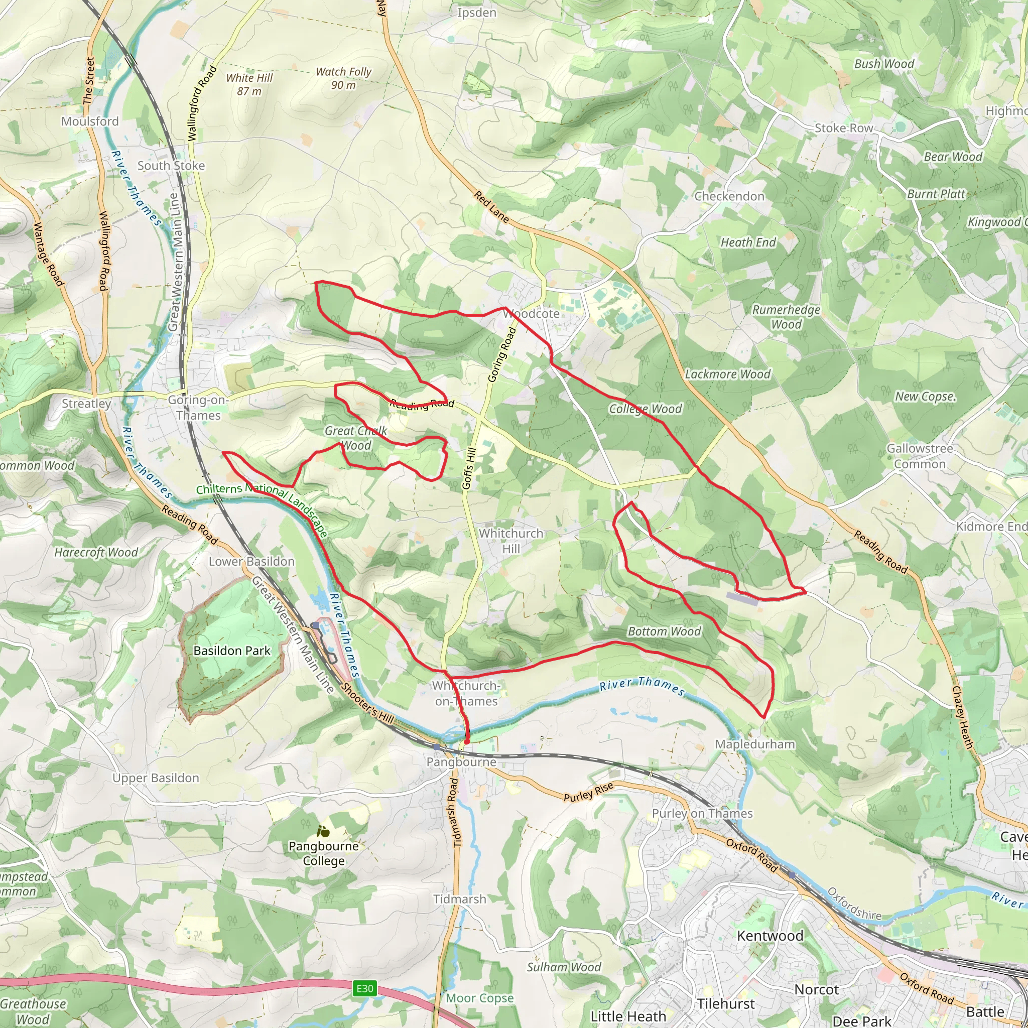 Pangbourne to Woodcote Loop via Great Chalk Wood mobile static map