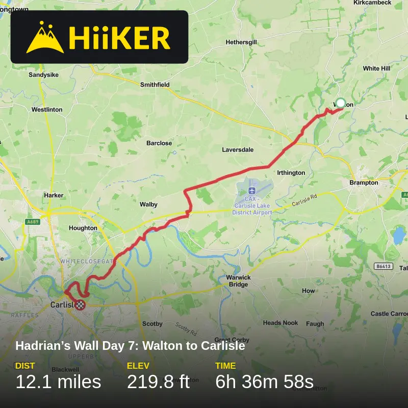 A map preview of the recording Hadrian’s Wall Day 7: Walton to Carlisle.