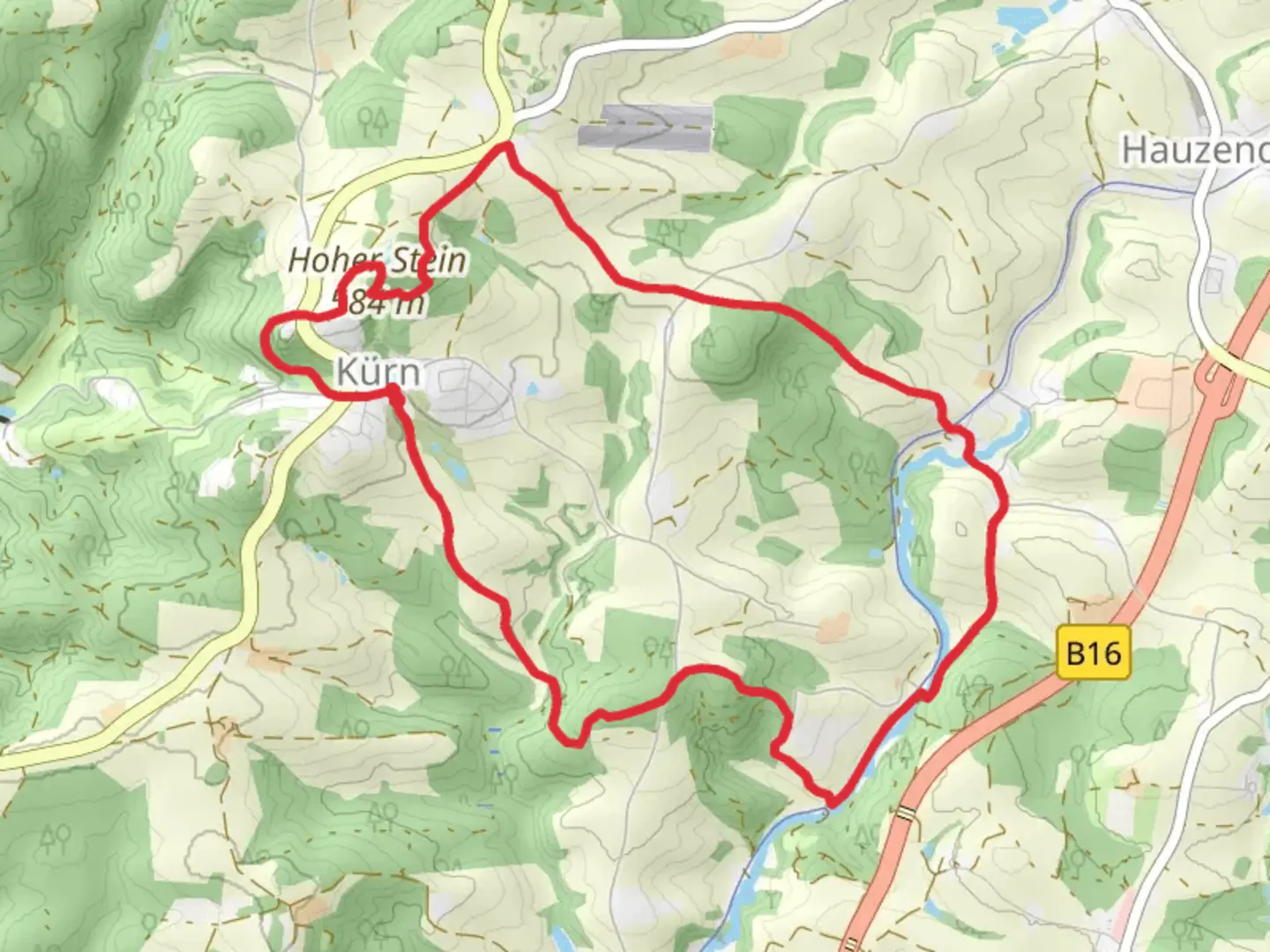 An image depicting the trail Schloß Kurn, Hoher Stein, Appertszwing and Kurn Loop and its surrounding area.