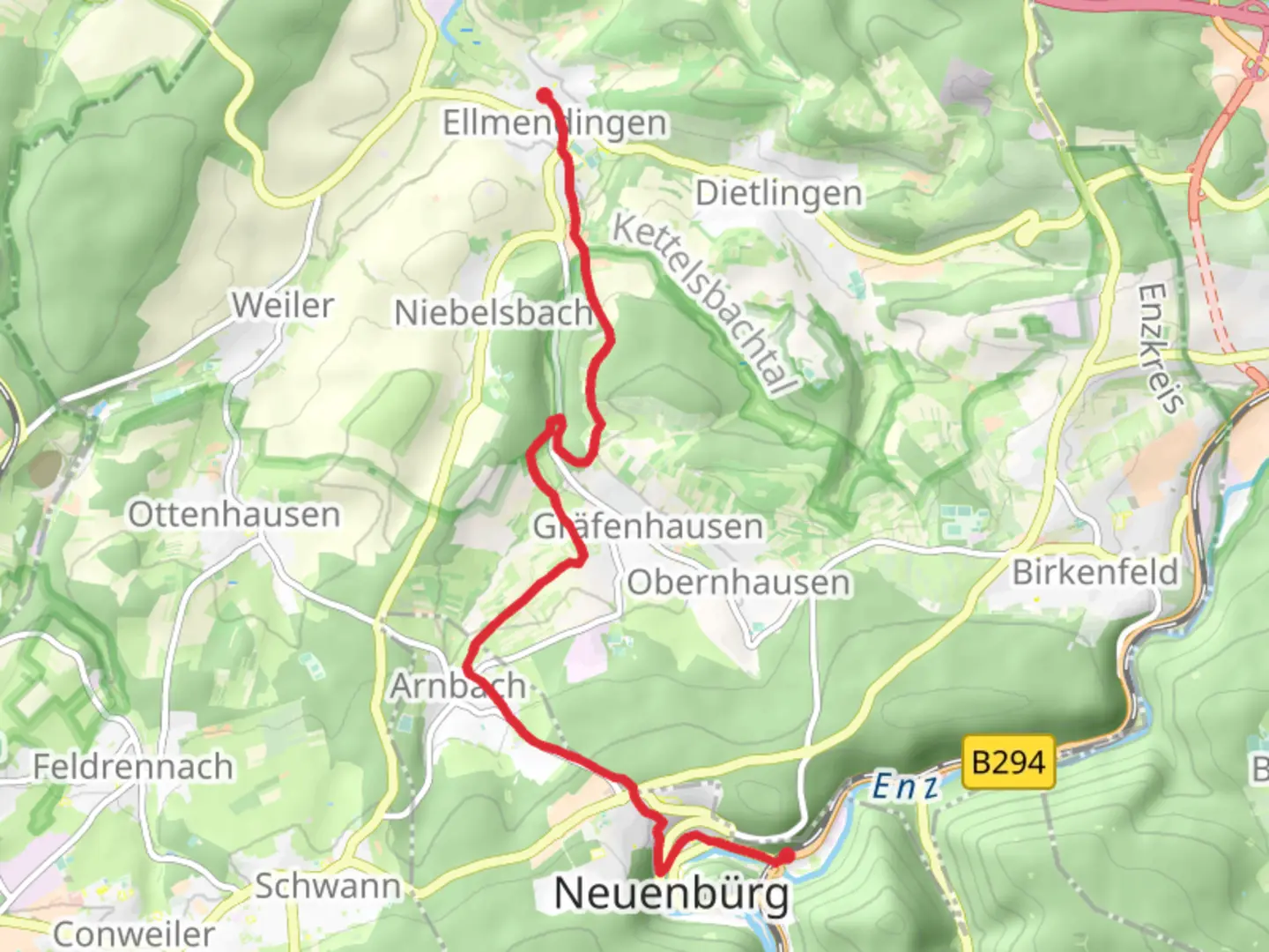 An image depicting the trail Neuenbürg to Ellmendingen via Sixtweg and Oberes Weitfeld and its surrounding area.
