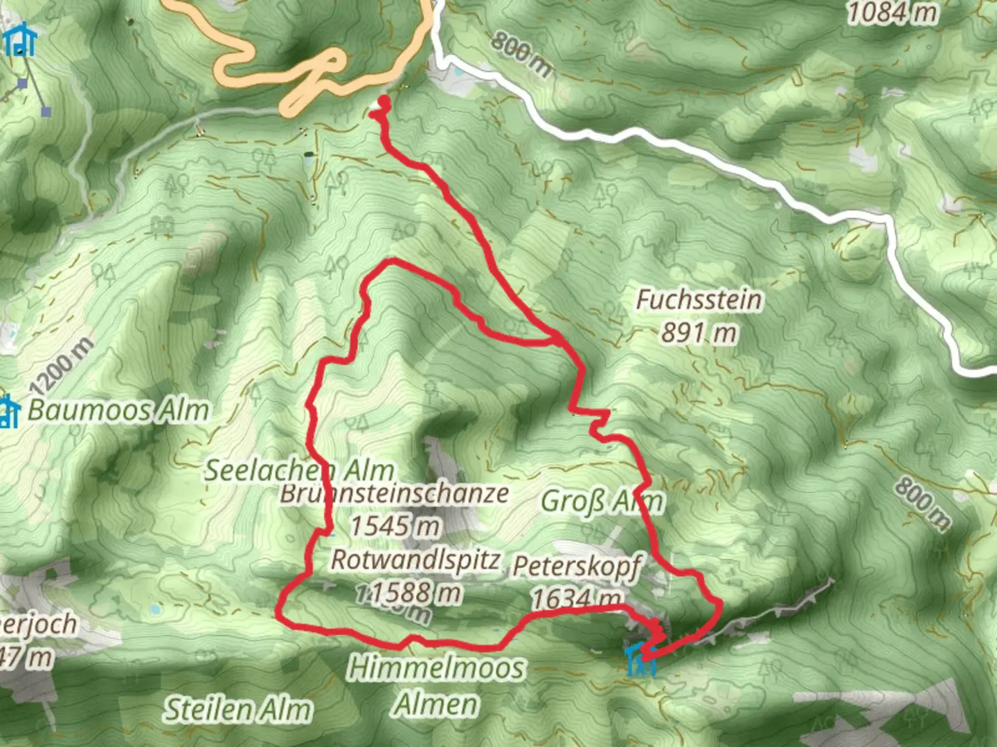 An image depicting the trail Schnee Lahnerhutte and Brunnstein Loop via Wanderweg 657 Brunnstein and its surrounding area.