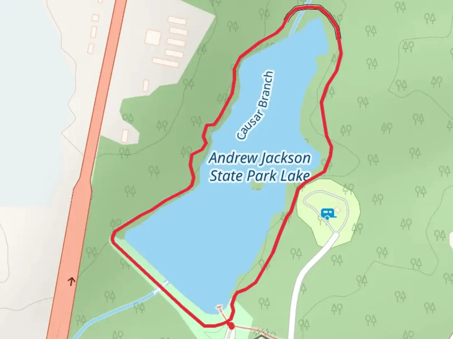 An image depicting the trail Andrew Jackson State Park Lake Loop and its surrounding area.