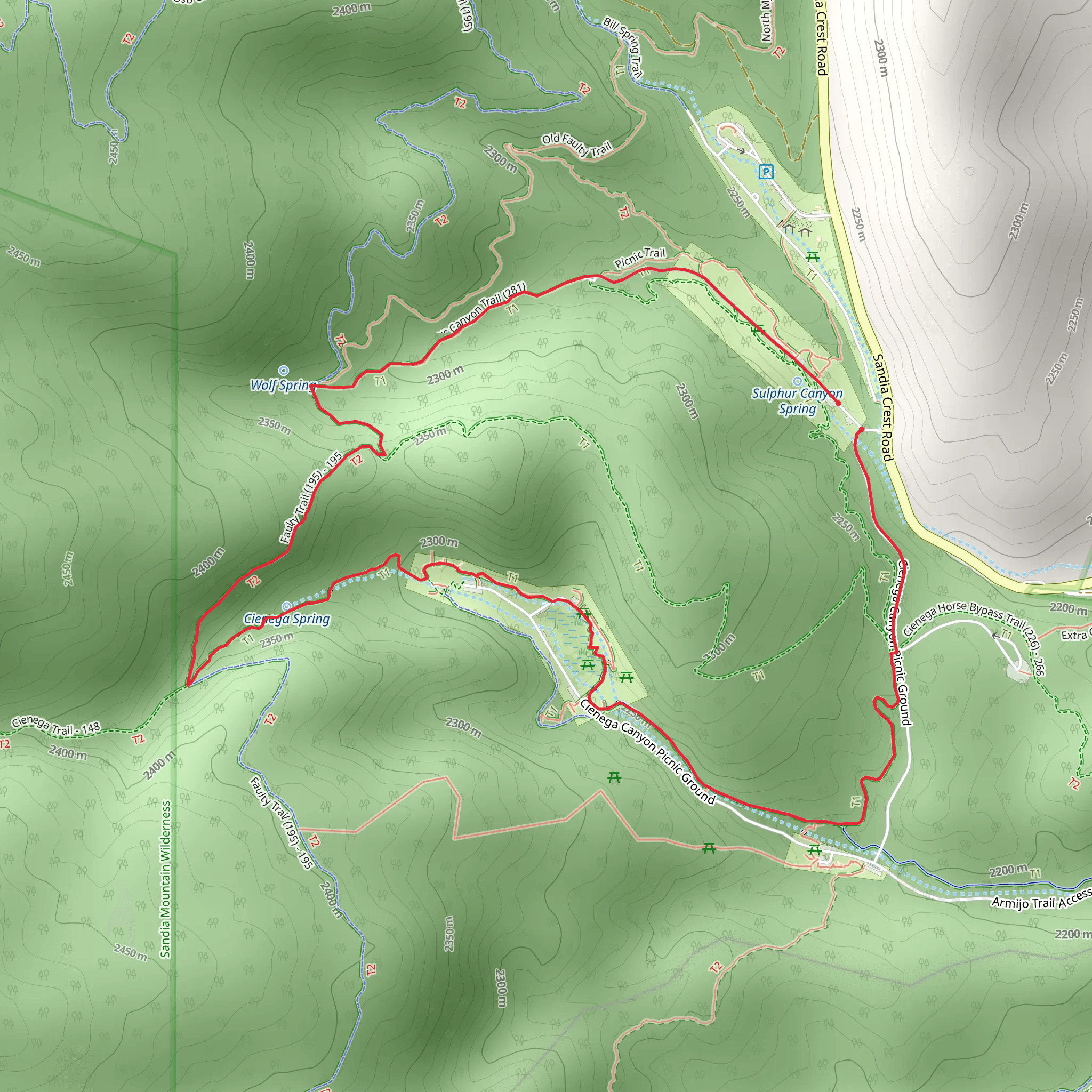 Sulphur Canyon Trail, Faulty Trail and Acequia Trail Loop mobile static map