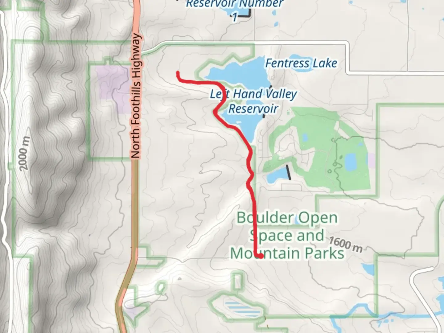 An image depicting the trail Left Hand Valley Reservoir via Left Hand Trail and its surrounding area.