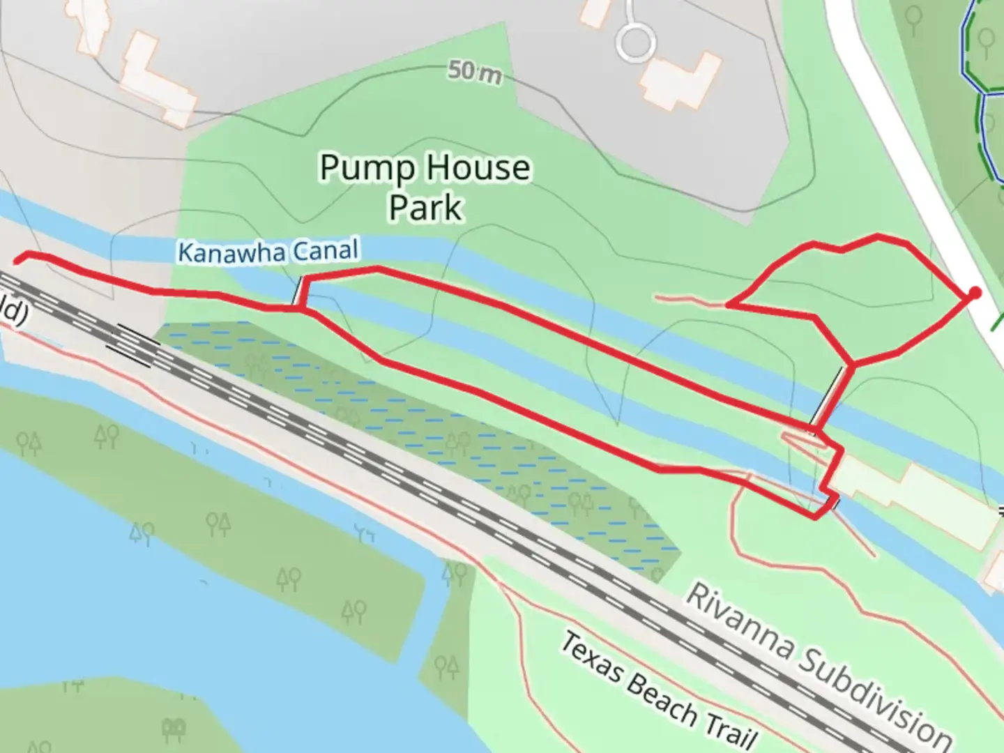 An image depicting the trail Pump House Park Loop and its surrounding area.
