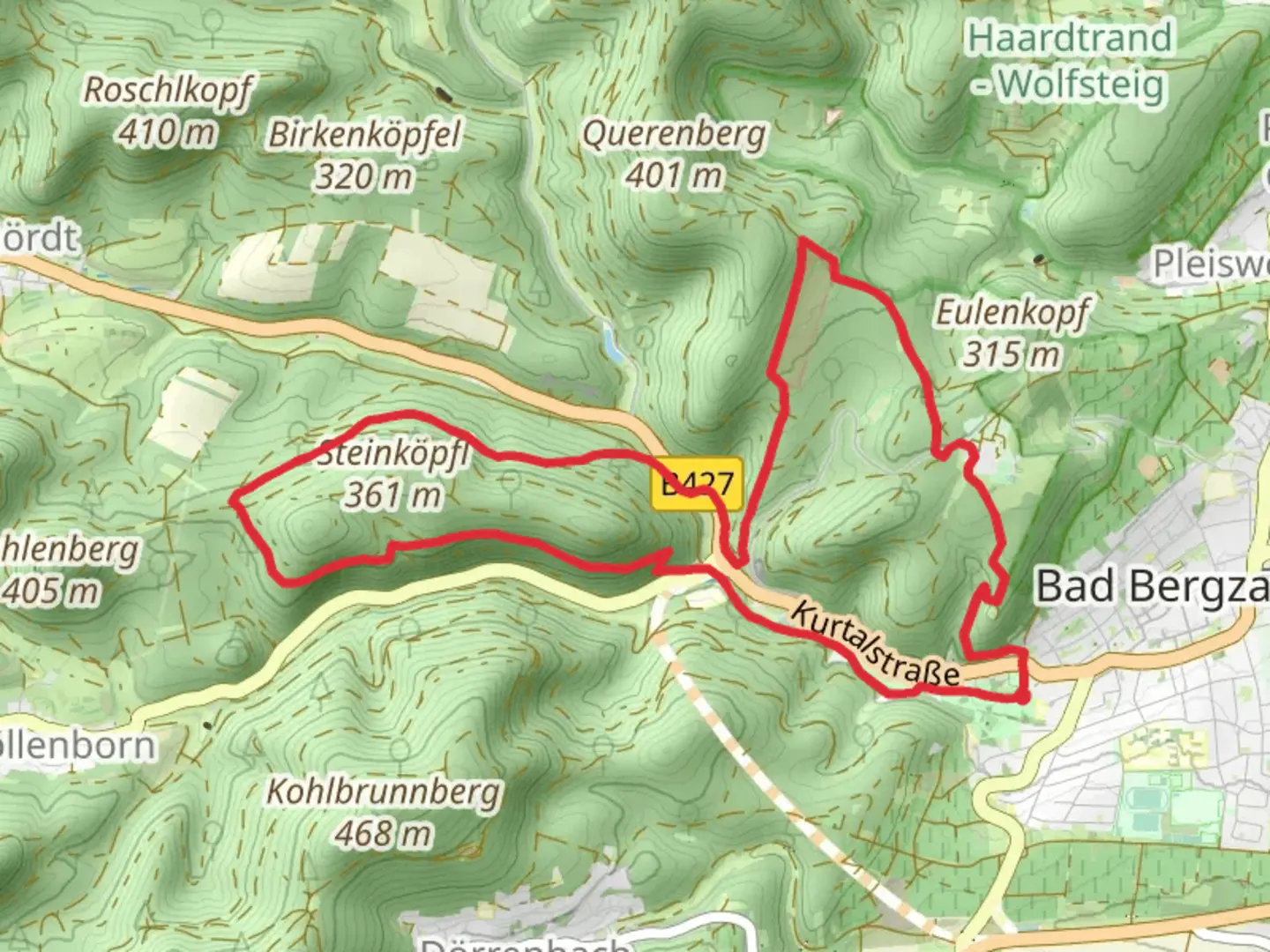 An image depicting the trail Schwanenweiher via Kapellen Pilgerweg and Bad Bergzaberg and its surrounding area.