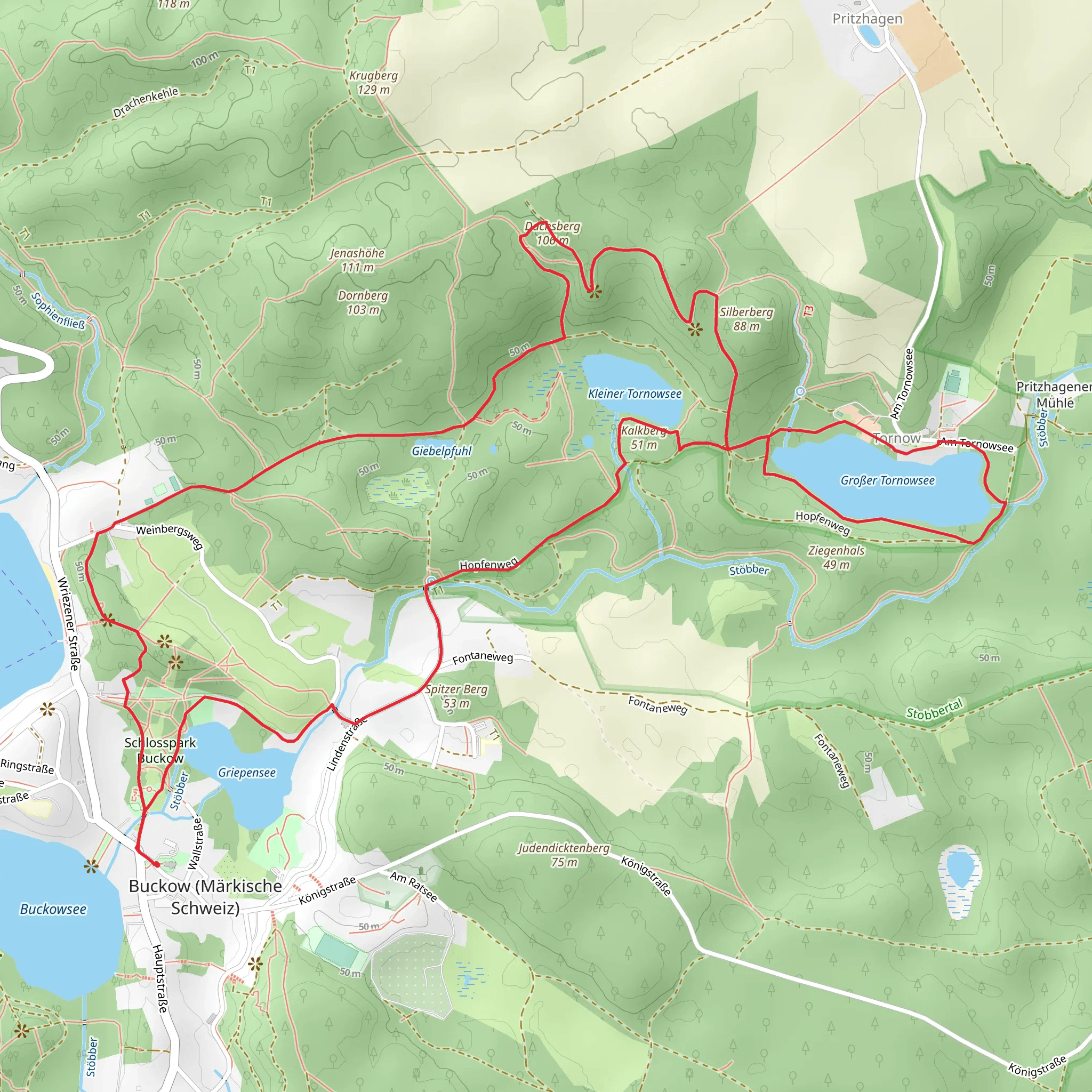 Griepensee and Großer Tornowsee via Gelber Balken mobile static map