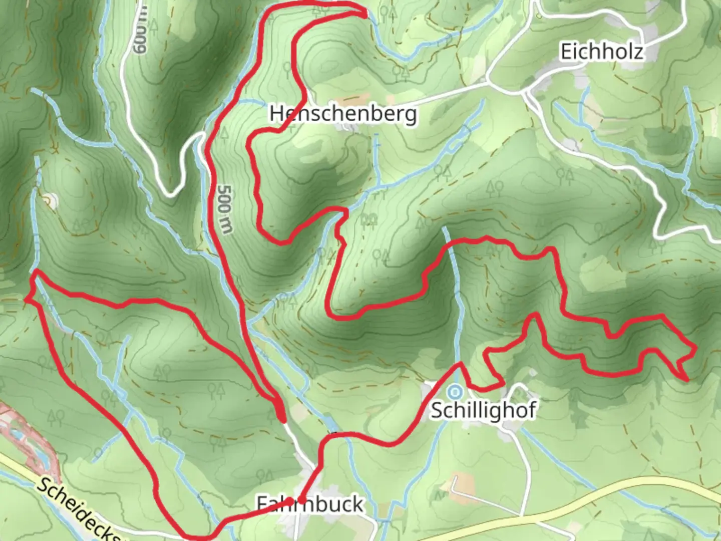 An image depicting the trail Fahrnbuck to Henschenberg Loop via Unterer Buchwaldweg and its surrounding area.