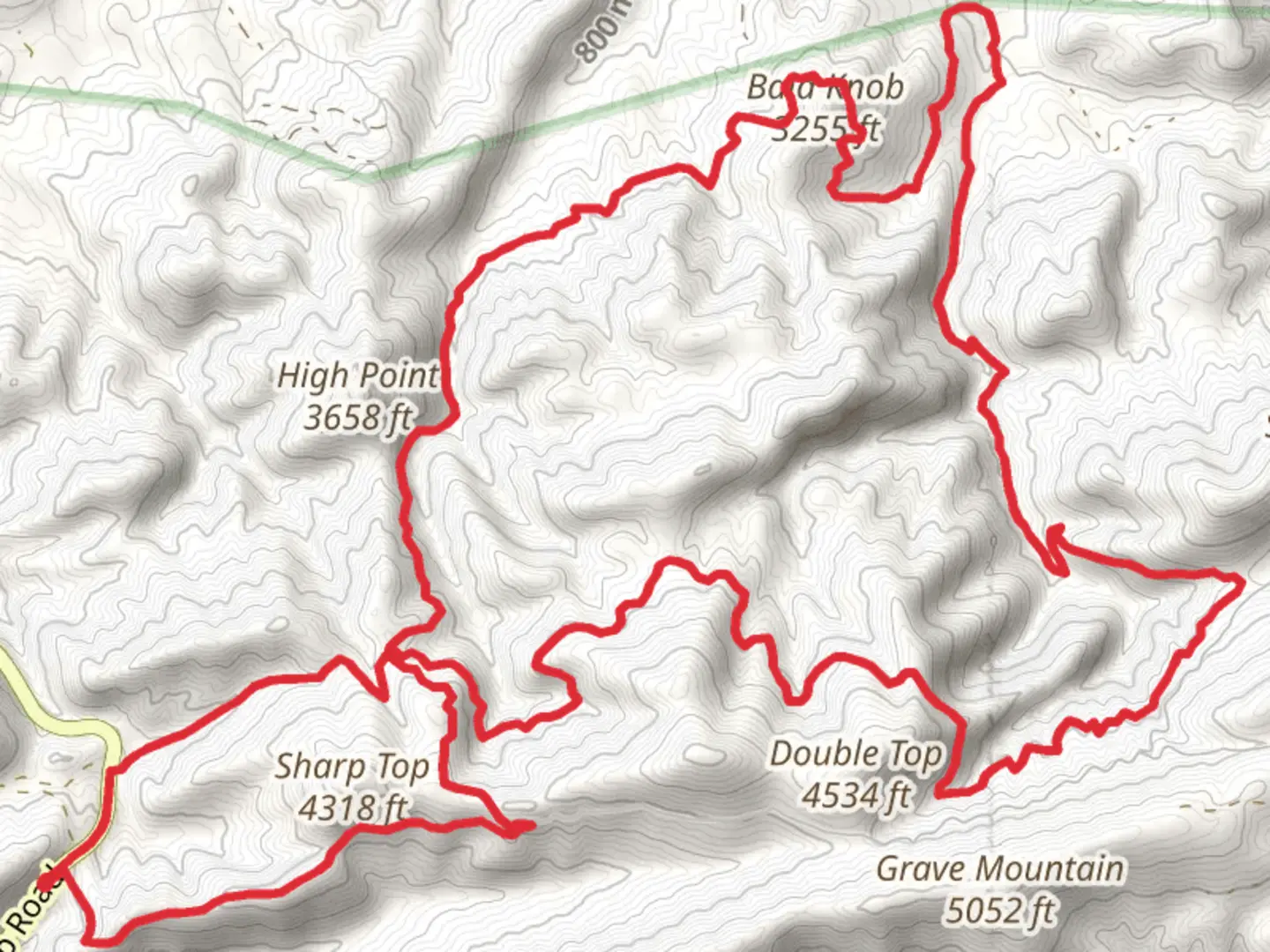 An image depicting the trail Sharp Top and Bald Knob via Jerry's Creek Trail and Old 84 Trail and its surrounding area.