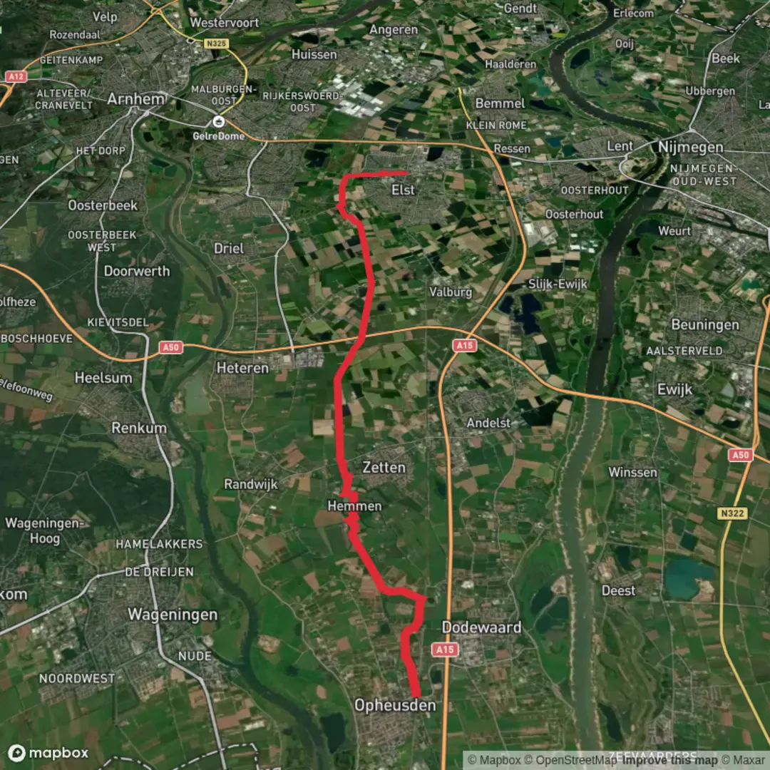 An image depicting the trail Opheusden to Elst via Weteringsewal and its surrounding area.
