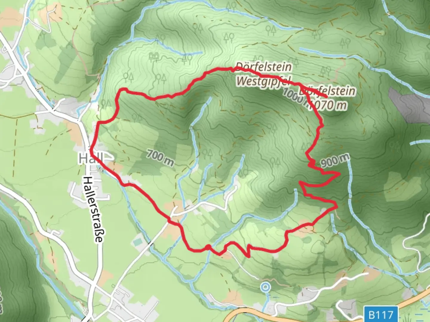 An image depicting the trail Dörfelstein Loop and its surrounding area.