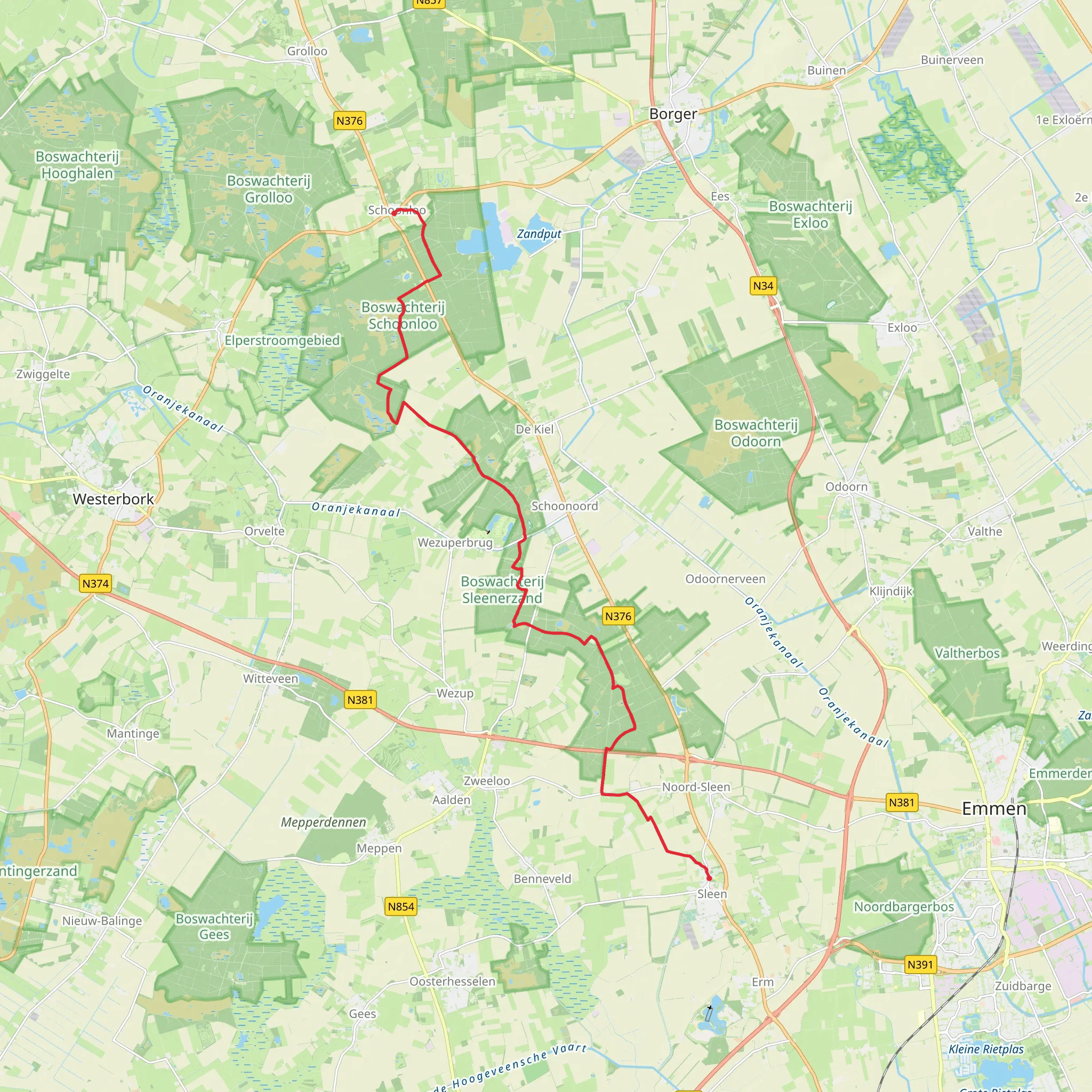 Schoonloo to Sleen via Meeuwenplassen and Boswachterij Sleenerzand mobile static map