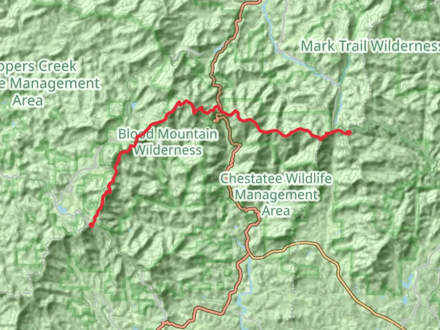 An image depicting the trail Appalachian Trail from Wolfpen Stamp and its surrounding area.
