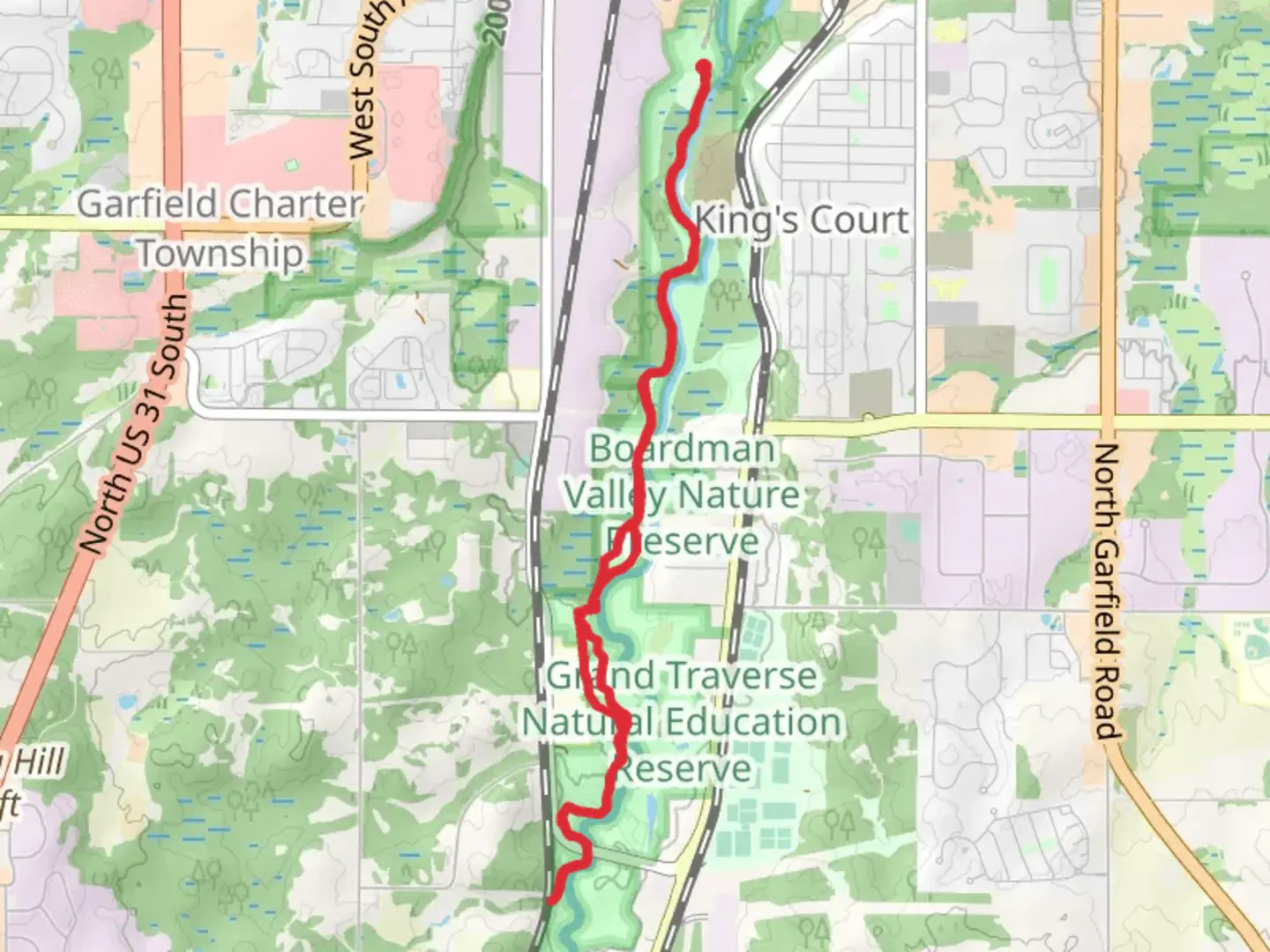 An image depicting the trail Boardman-Ottaway River, Fox Den and Sabin Pond Loop Trail and its surrounding area.