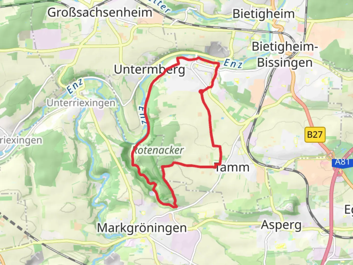 An image depicting the trail Bissingen and Rotenackerstraße and its surrounding area.