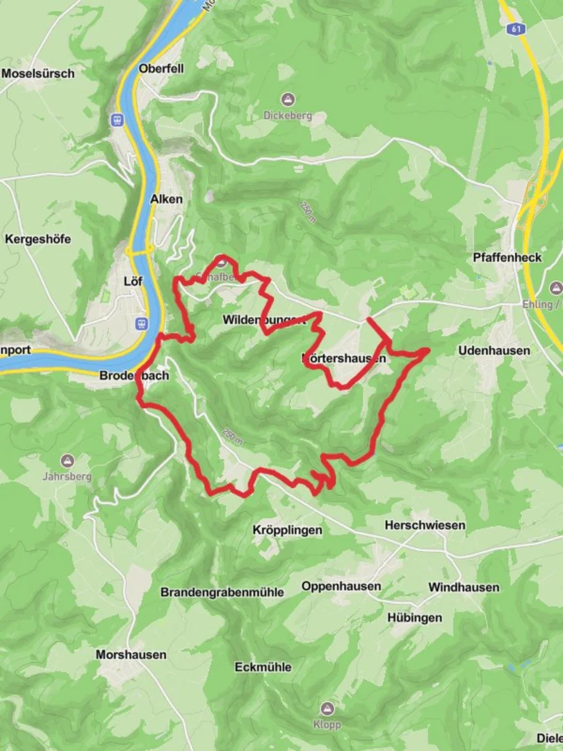 An image depicting the trail Nortershausen and Brodenbach Loop via Schafberg and its surrounding area.