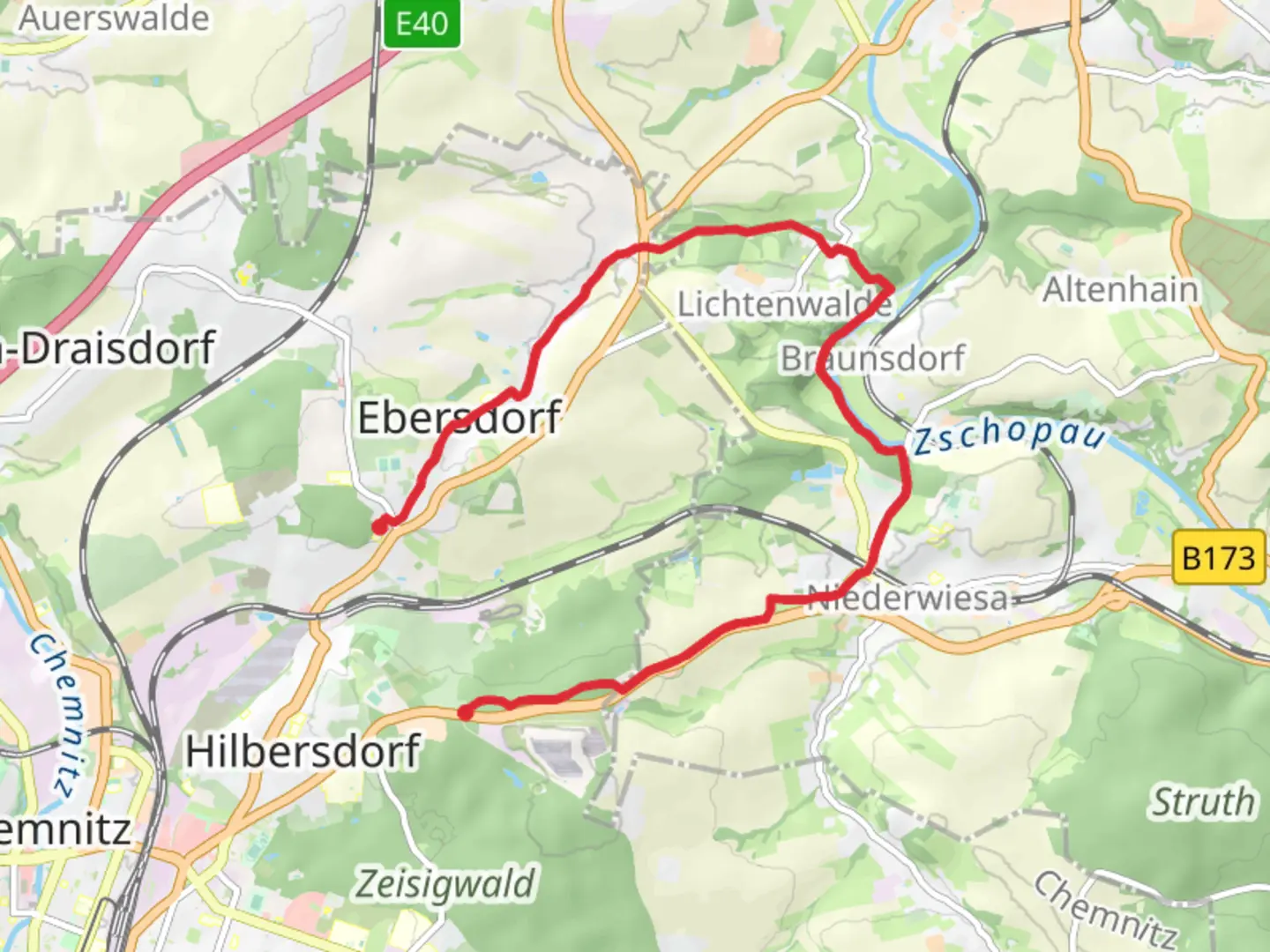 An image depicting the trail Zschopau via Ebersdprf - Zelsigwald and its surrounding area.