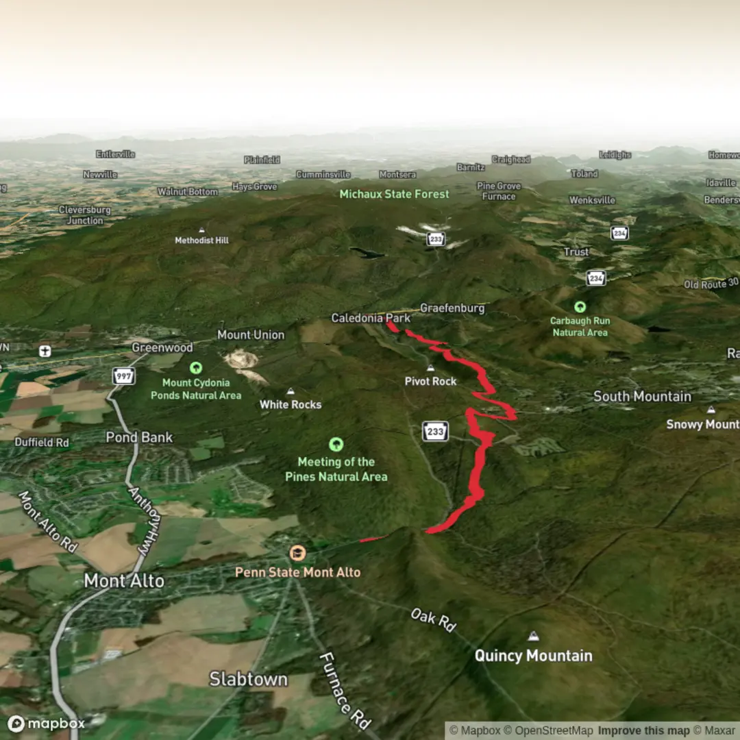 An image depicting the trail Mont Alto SP to Caledonia SP via Raccoon Run Trail and its surrounding area.