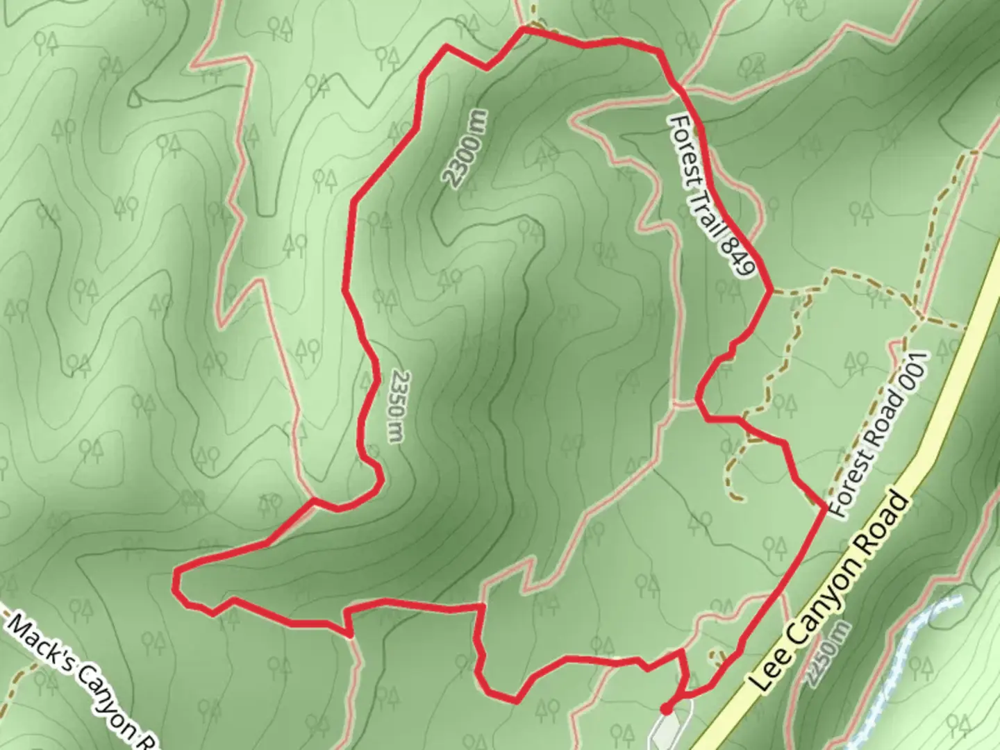 An image depicting the trail Blue and Green Loop - Lee Canyon Road and its surrounding area.