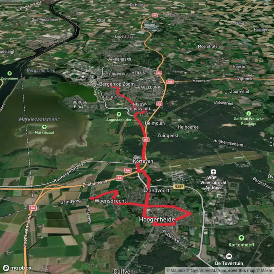 An image depicting the trail Woensdrecht to Bergen op Zoom via Antwerpsestragt Weg and its surrounding area.