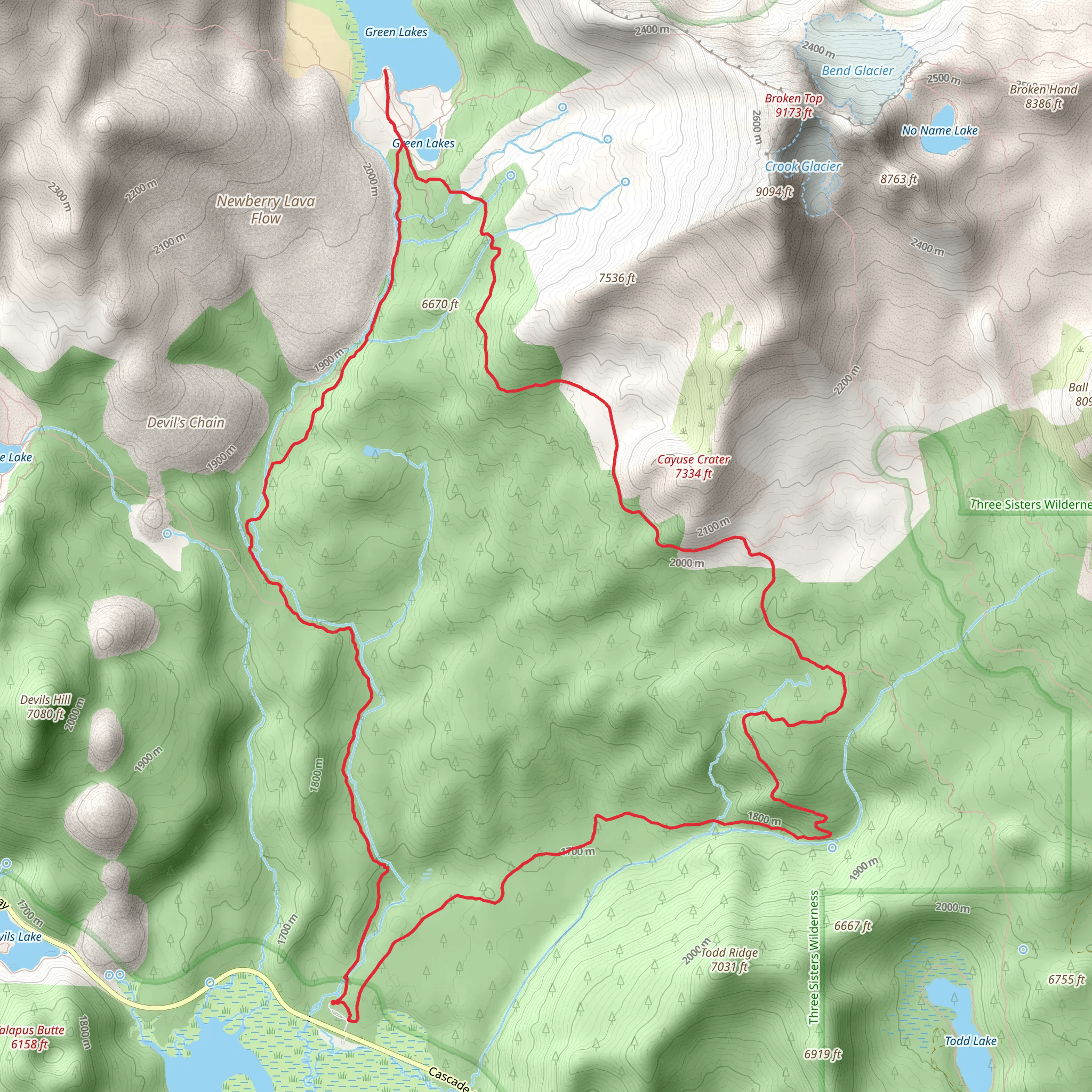 Fall Creek, Green Lakes via Broken Top Trail and Soda Creek Trail Loop mobile static map
