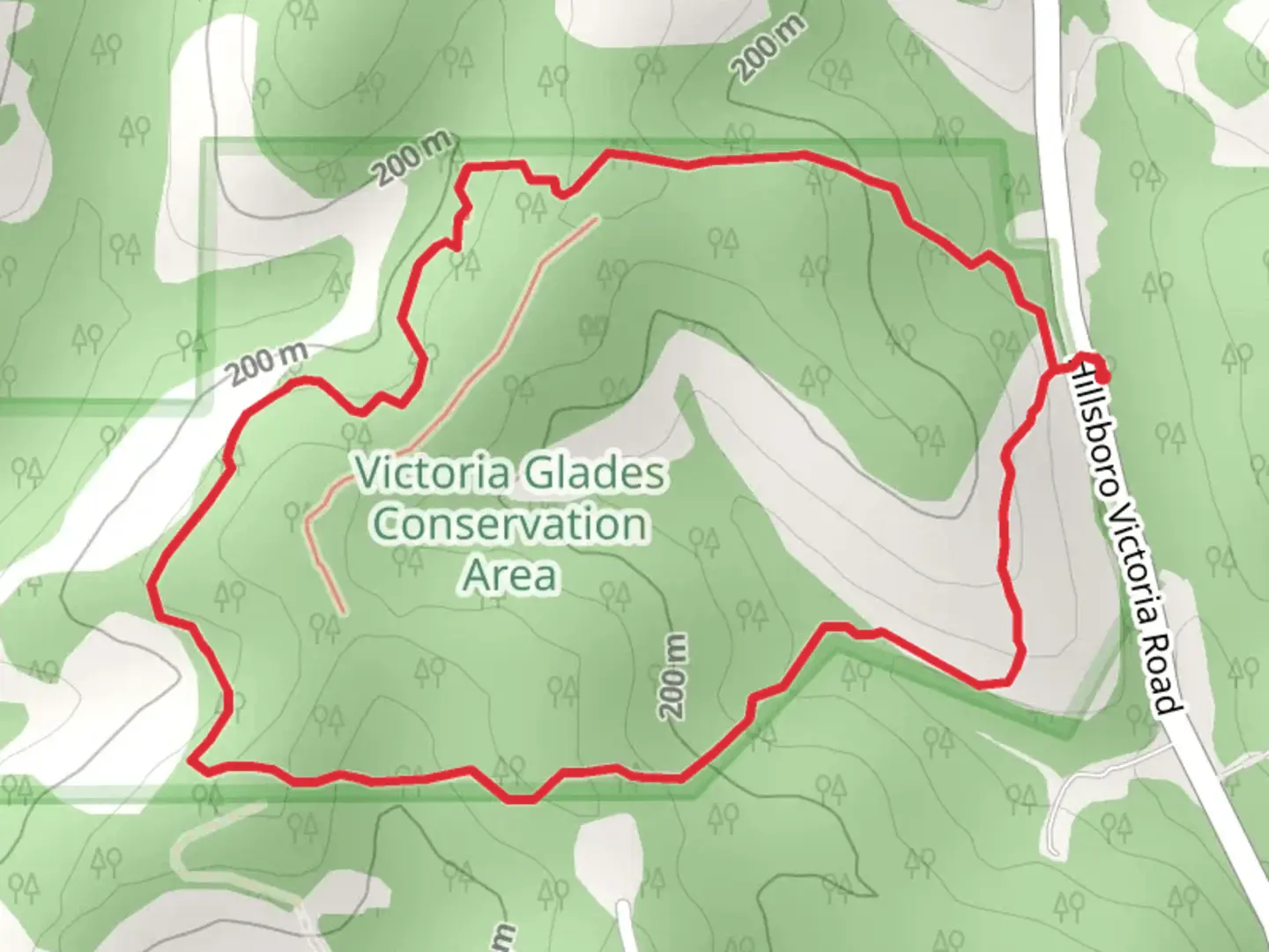 An image depicting the trail Victoria Glades Conservation Area Loop and its surrounding area.