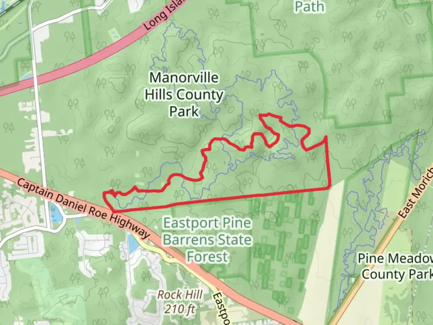 An image depicting the trail Hot Water Street and Paumanok Path Loop Trail and its surrounding area.