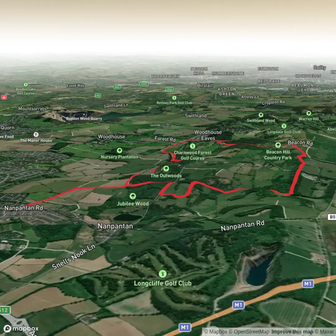 An image depicting the trail Out Wood & Beacon Hill from Loughborough and its surrounding area.