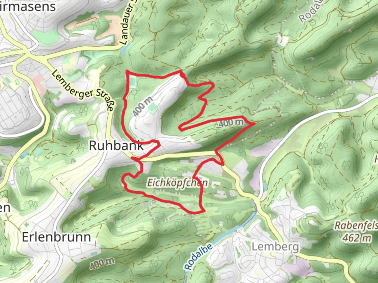 An image depicting the trail Geisenfelsen and in der Horbach Loop and its surrounding area.