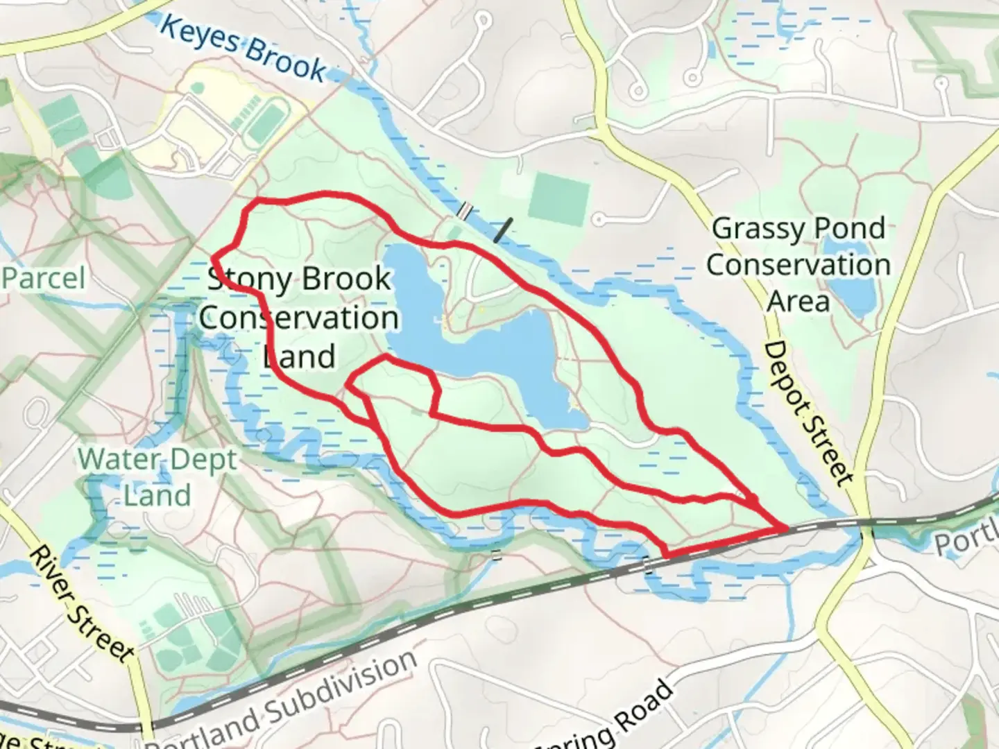 An image depicting the trail Burges Pond - Stony Brook Conservation Land and its surrounding area.