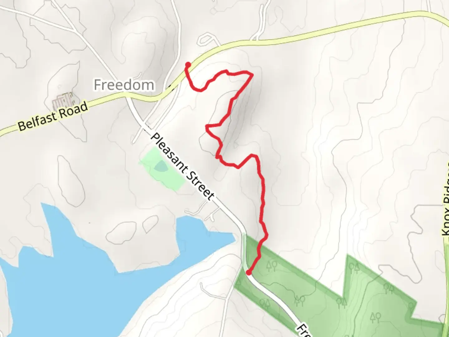 An image depicting the trail Belfast Road to Goose Pecker Ridge Road and its surrounding area.