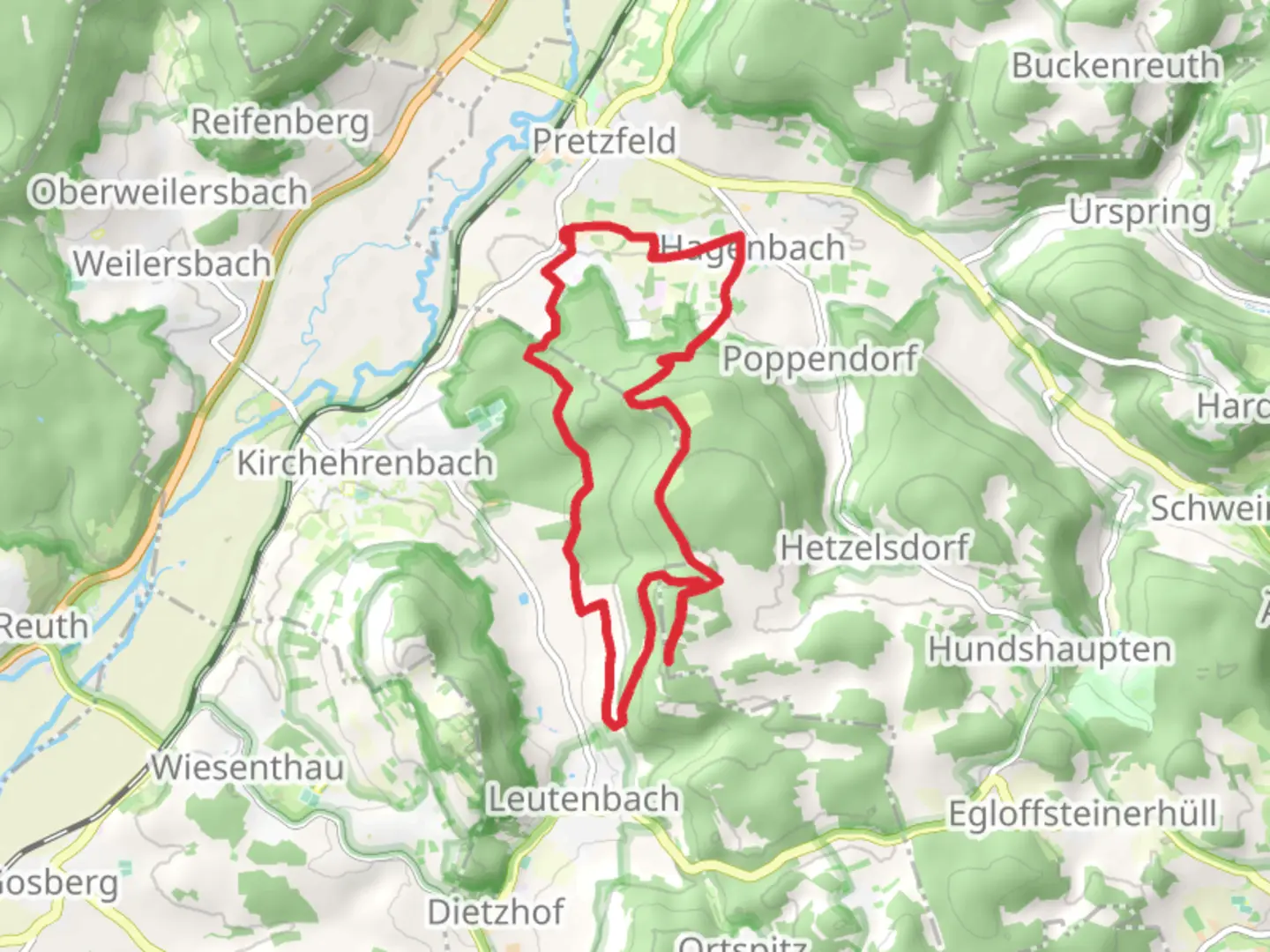 An image depicting the trail Pretzfelder Kirschenweg and Ehrenbachtalweg and its surrounding area.