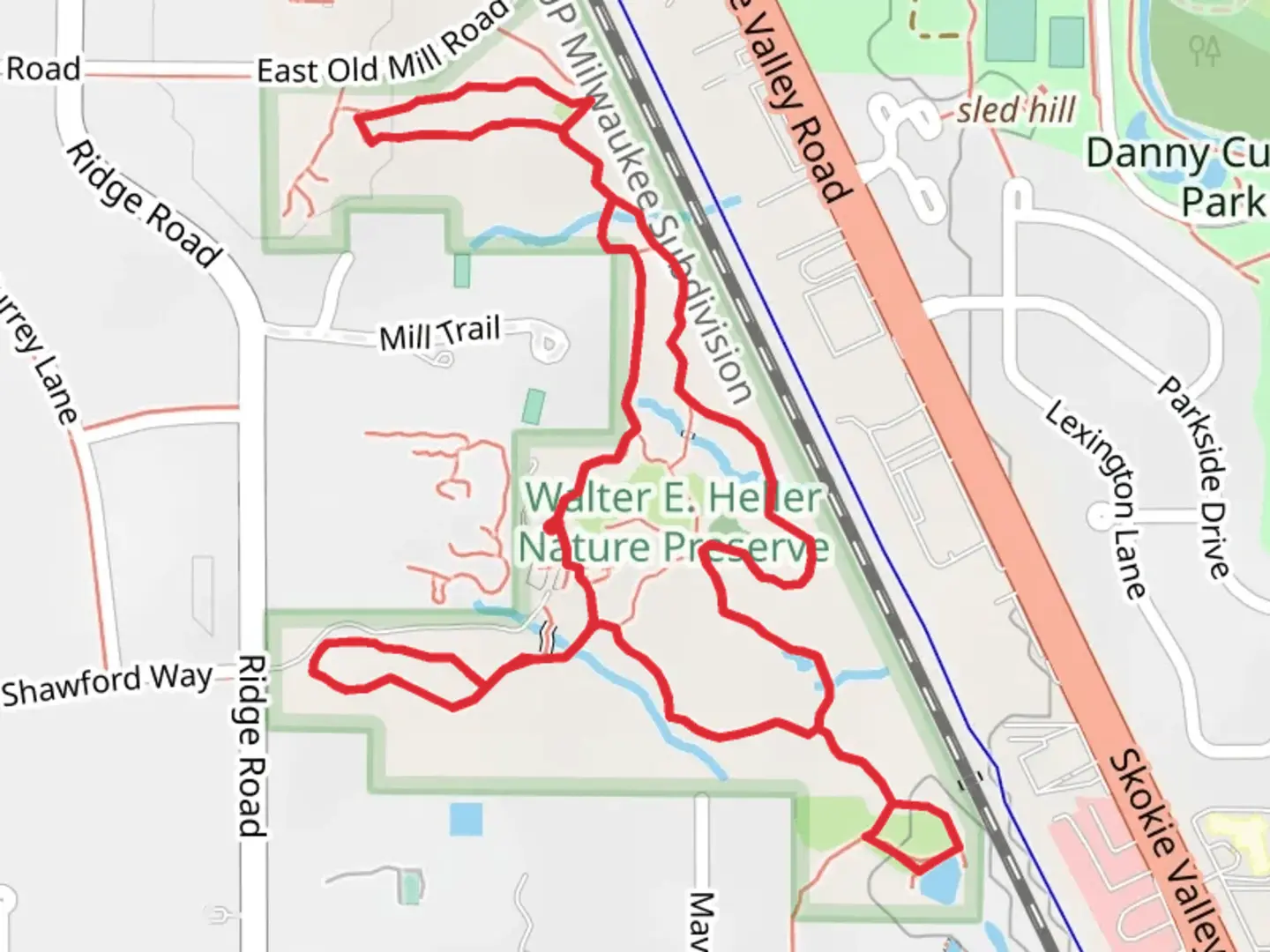 An image depicting the trail Walter E Heller Nature Preserve Loop and its surrounding area.