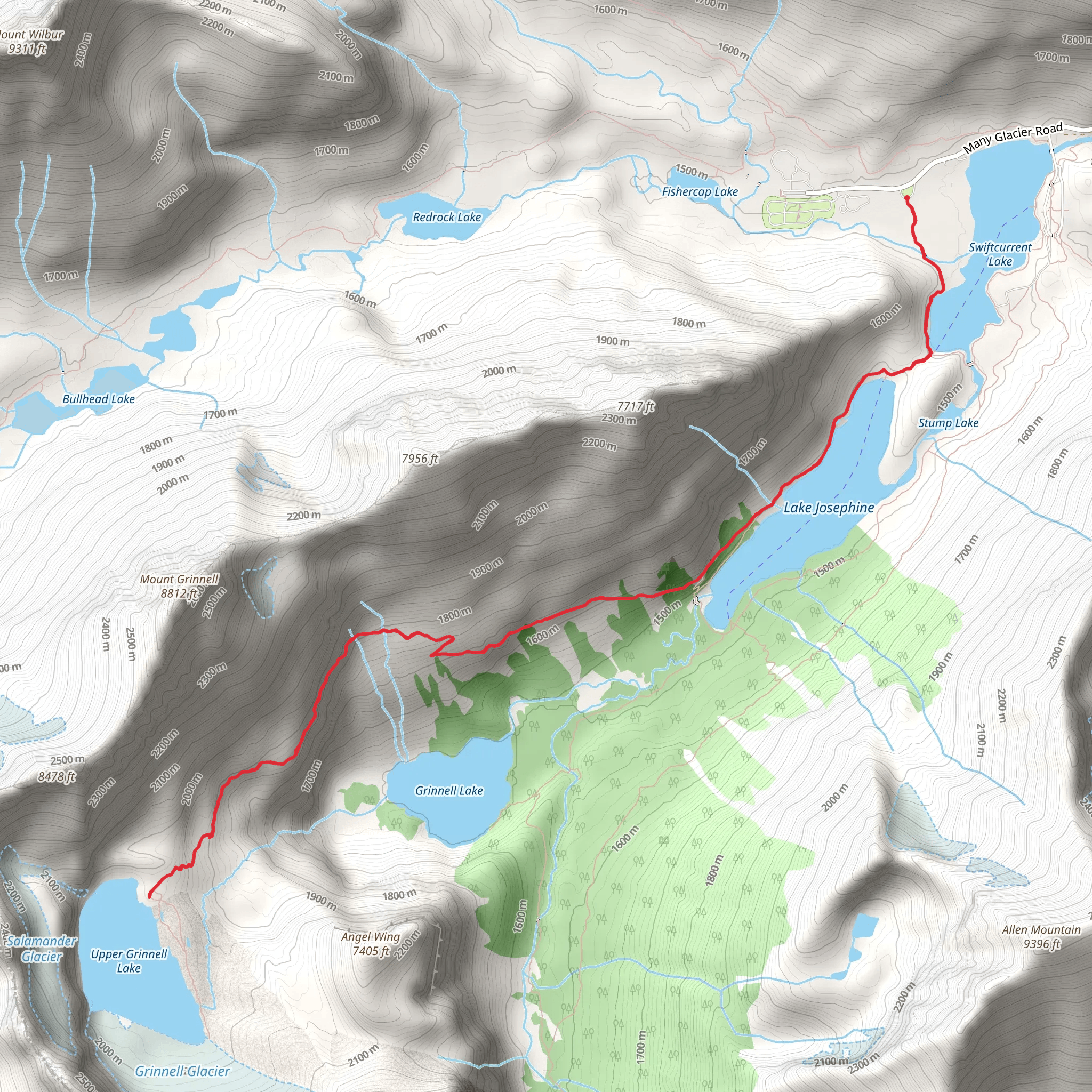 Swiftcurrent, Josephine, Grinnell and Upper Grinnell Lakes mobile static map