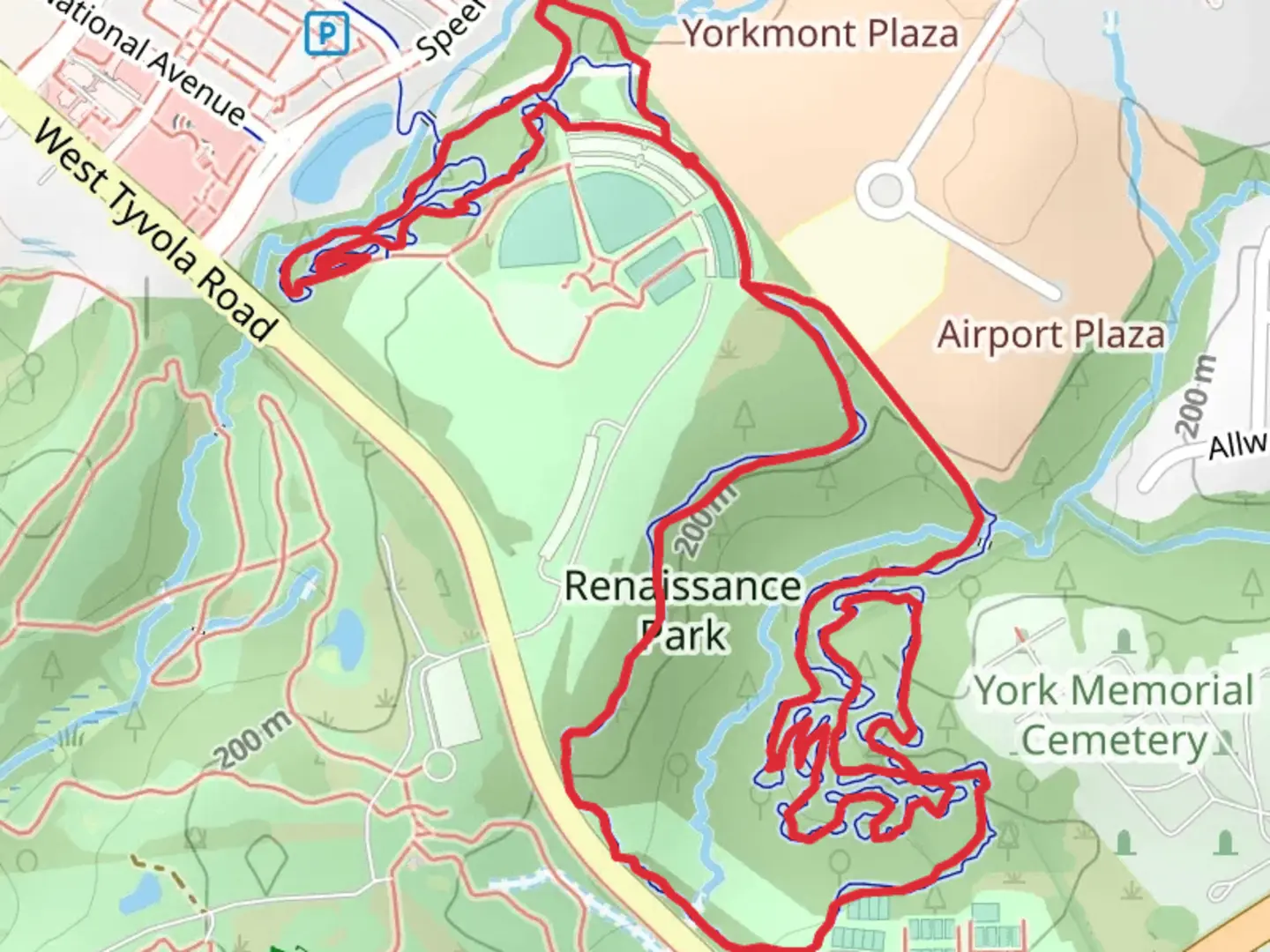 An image depicting the trail Renaissance Park Loop - Tennis Court Trail and its surrounding area.