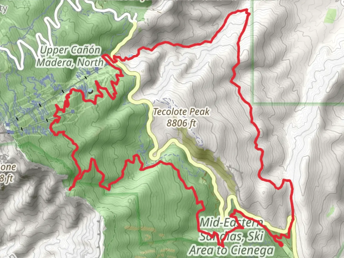 An image depicting the trail Canon Madera Route, 10 K Trail and Tree Spring Trail Loop and its surrounding area.