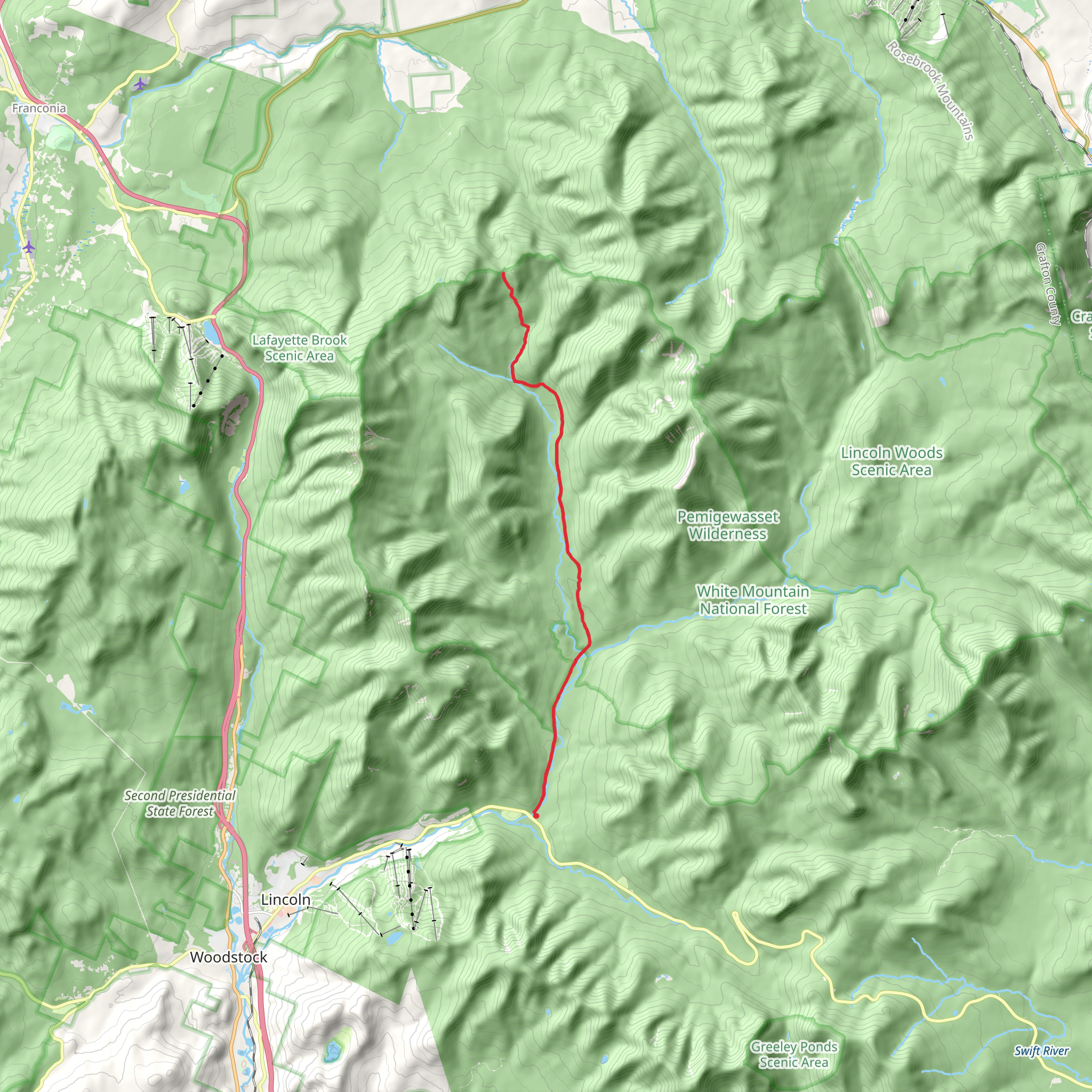 Franconia Brook Trail via Lincoln Woods Trail mobile static map