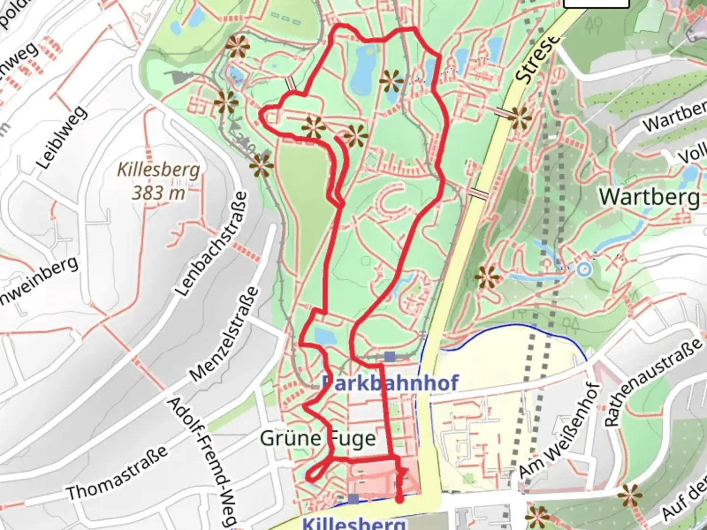 An image depicting the trail Gruene Fuge and Killesbergturm Loop and its surrounding area.