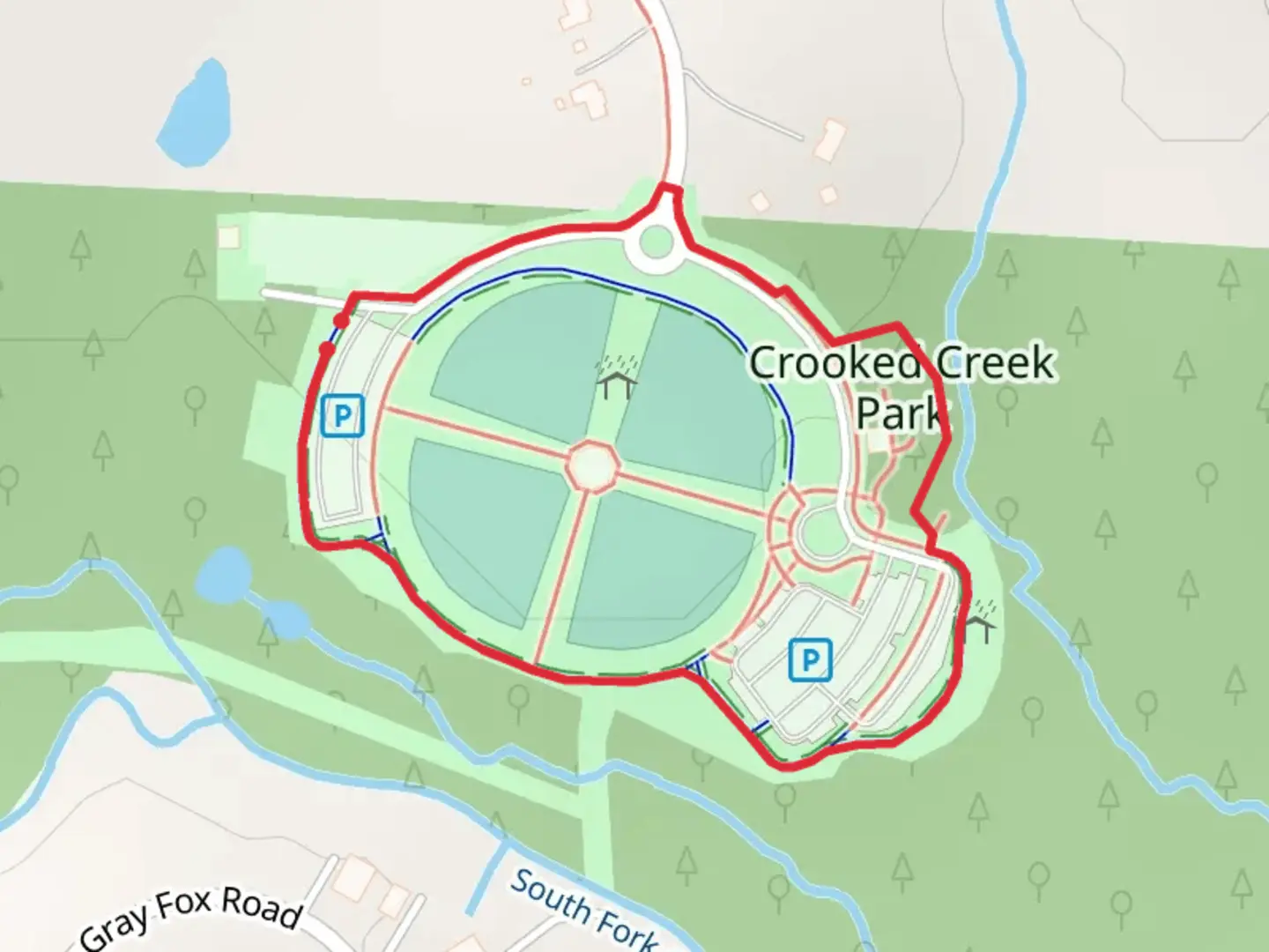 An image depicting the trail Crooked Creek Park Loop and its surrounding area.
